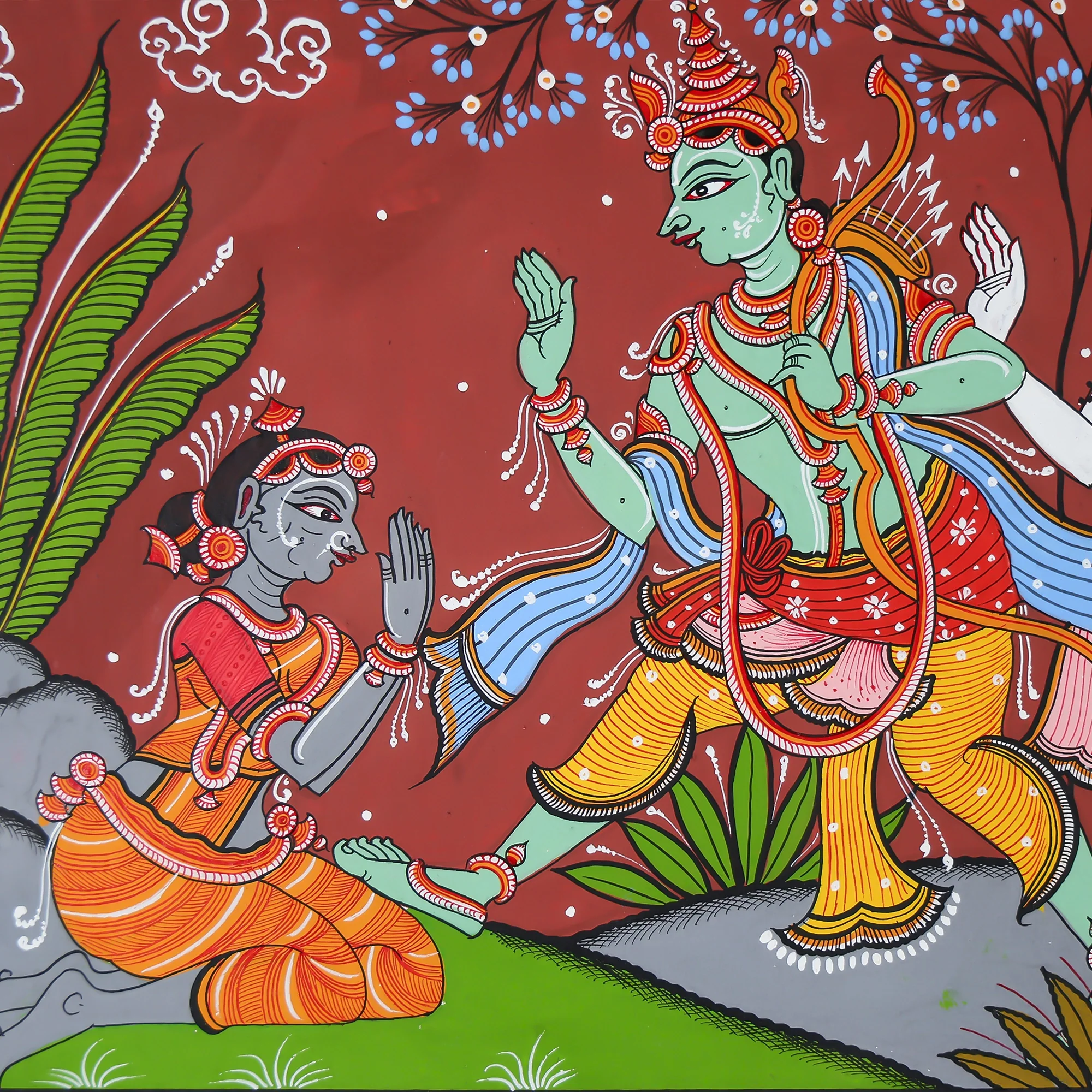 Glass Framed Hand-Painted Pattachitra Wall Art - Lord Rama Blessing Shabari Scene - Image 3