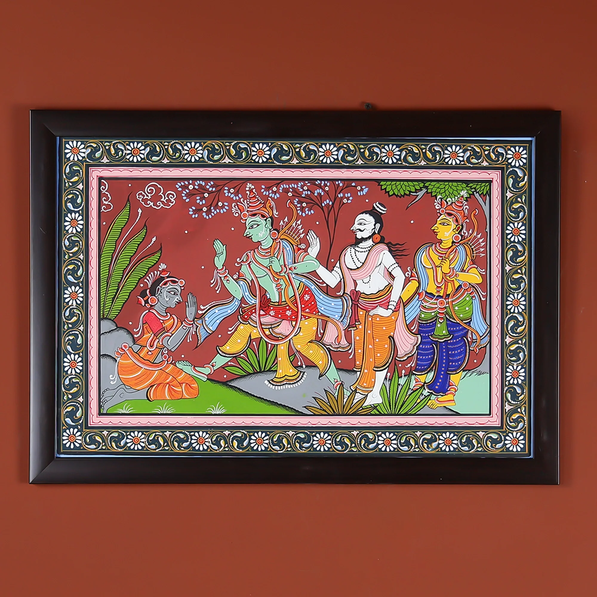 Glass Framed Hand-Painted Pattachitra Wall Art - Lord Rama Blessing Shabari Scene - Image 4