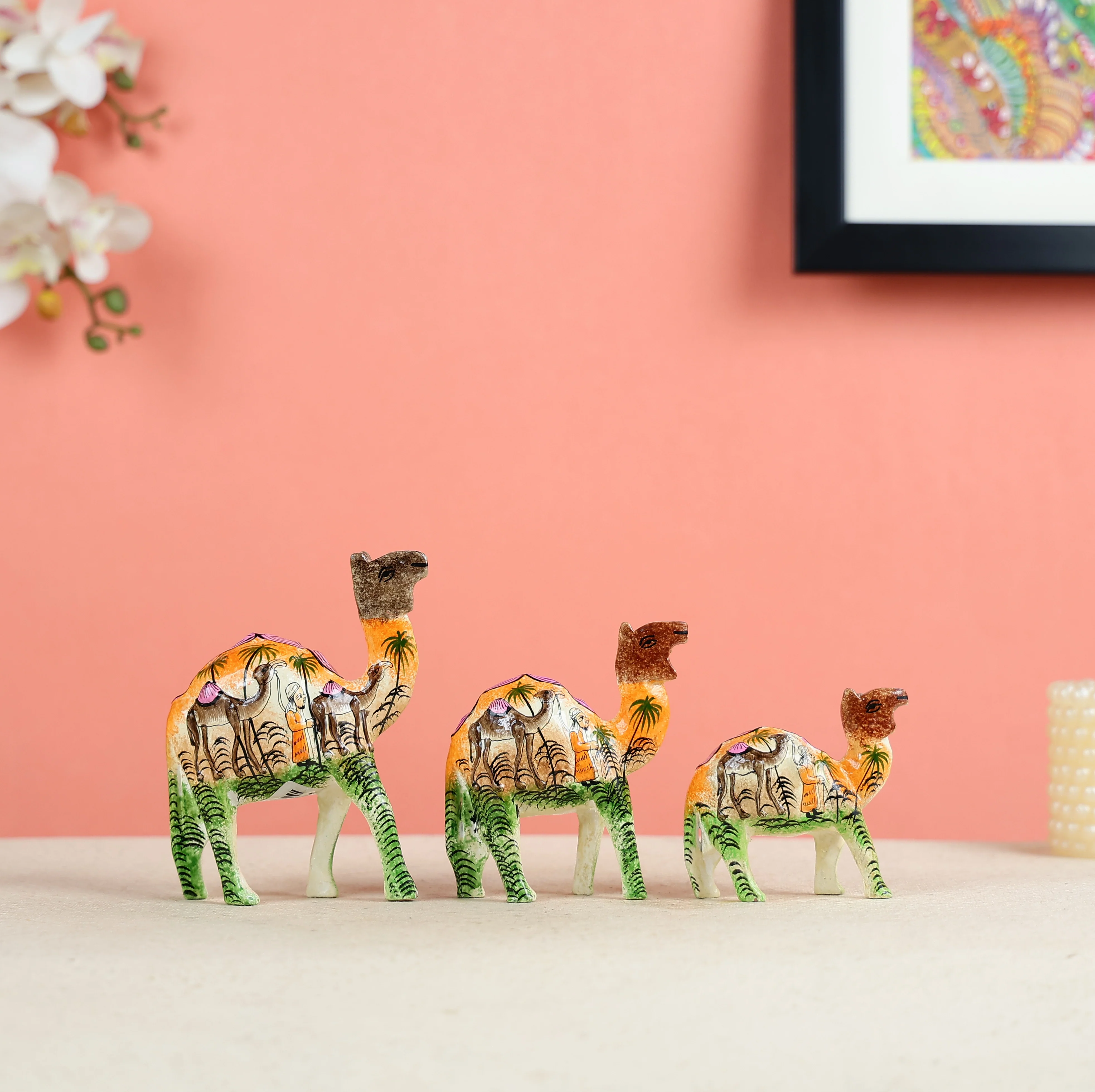 Paper Mache Crafted & Handpainted Camel Caravan Set Of 3 Table Decor - Image 3