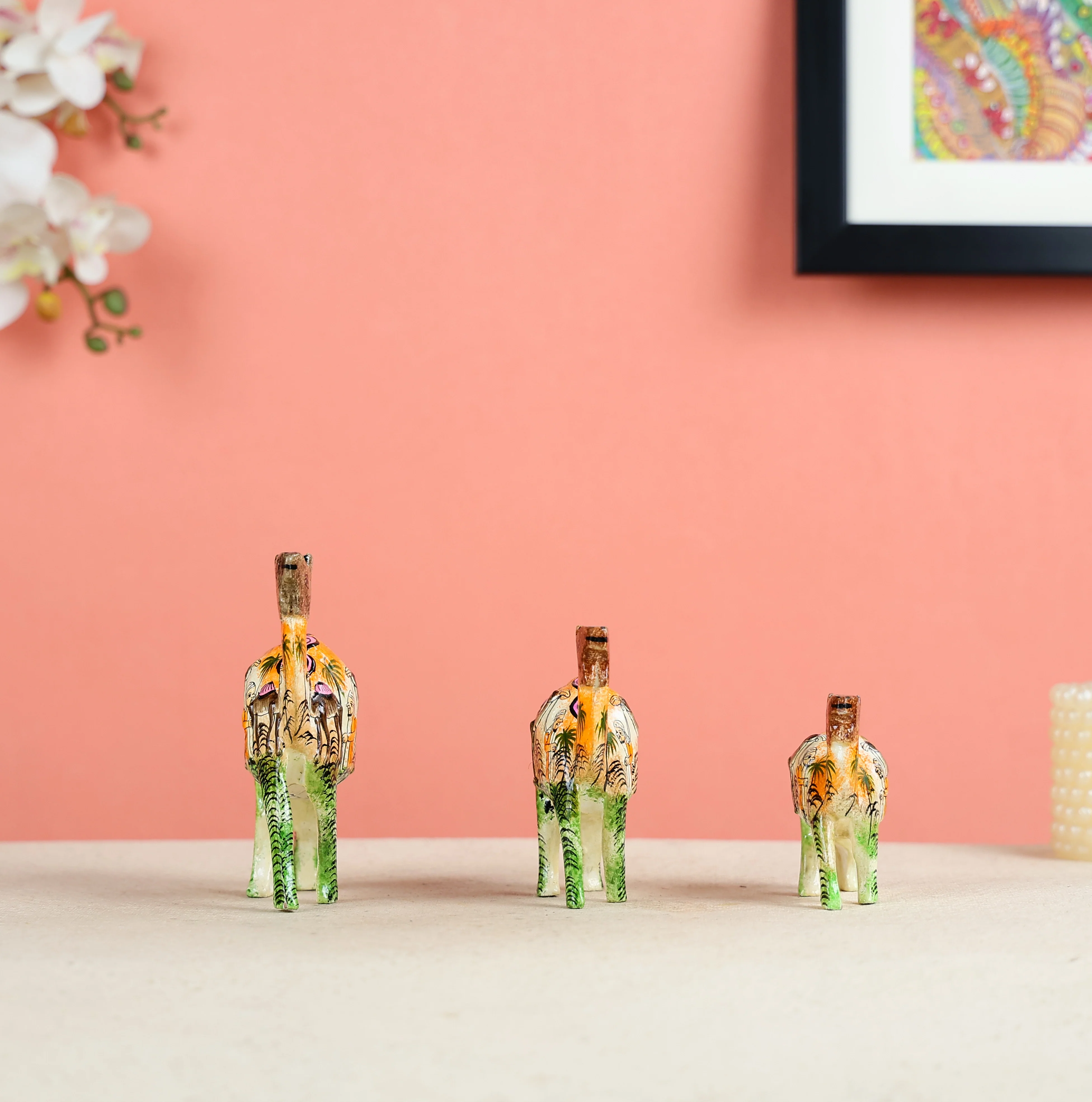 Paper Mache Crafted & Handpainted Camel Caravan Set Of 3 Table Decor - Image 4