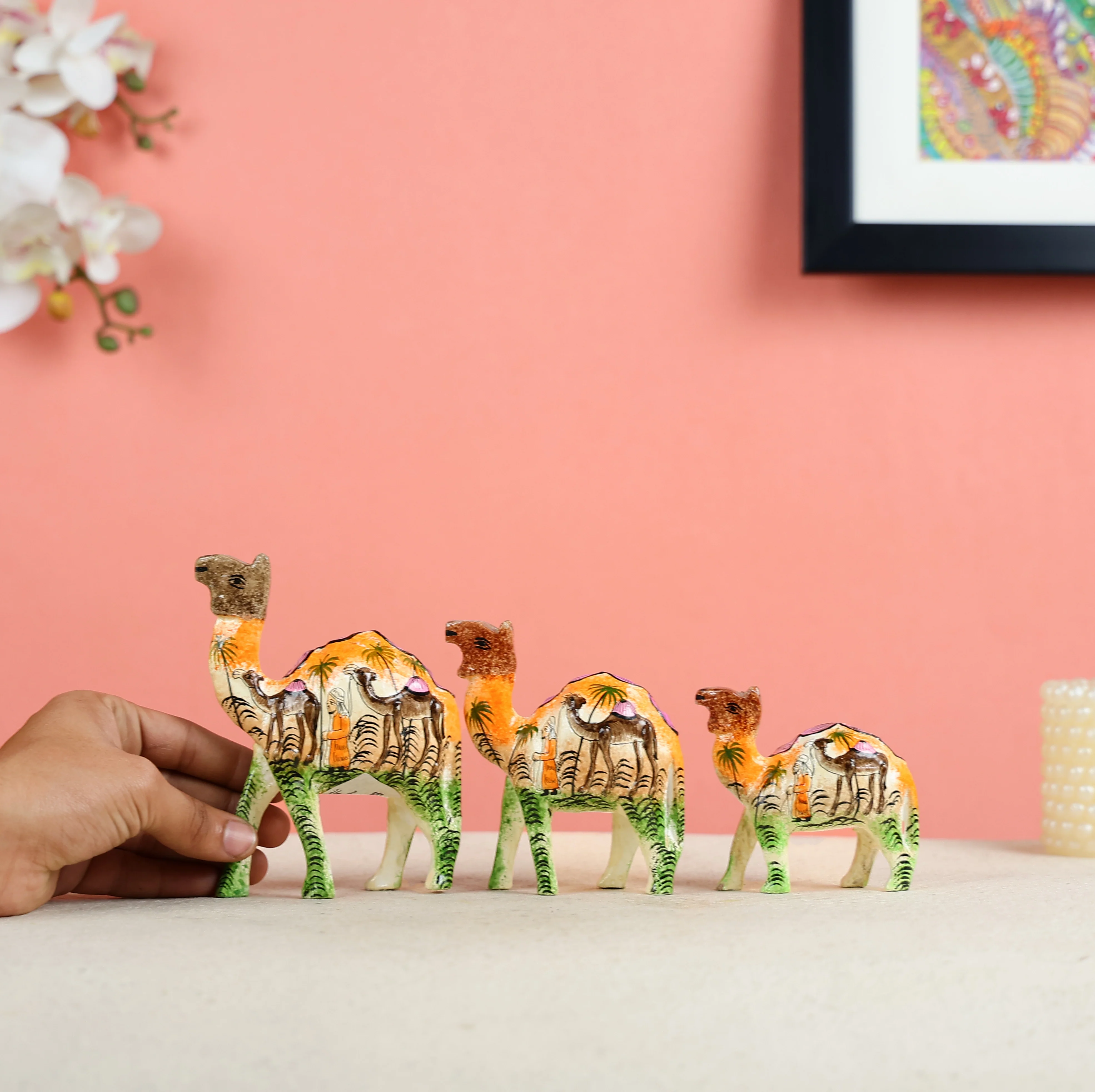 Paper Mache Crafted & Handpainted Camel Caravan Set Of 3 Table Decor - Image 5