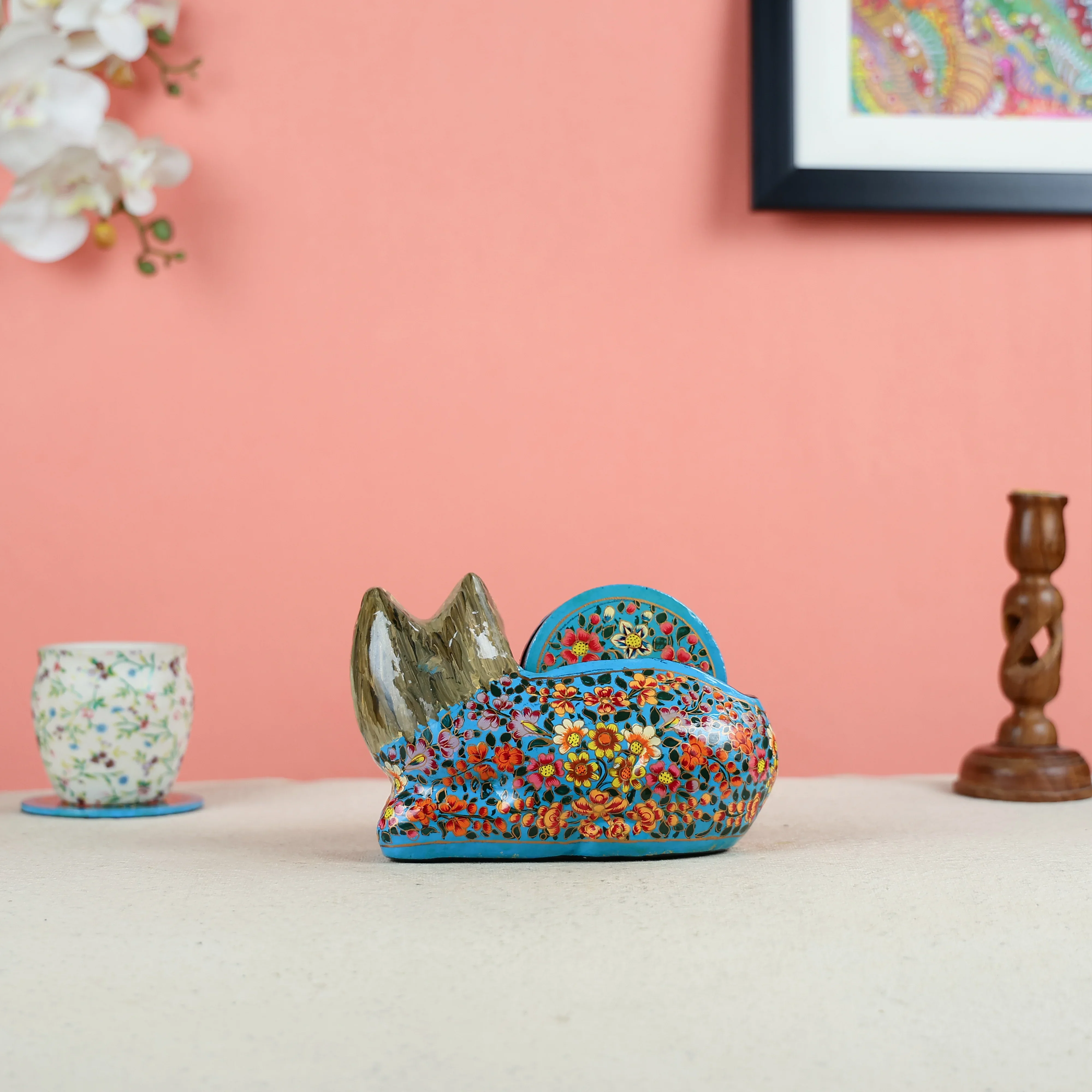 Paper Mache Crafted & Handpainted Cat With 6 Coasters Set - Image 4