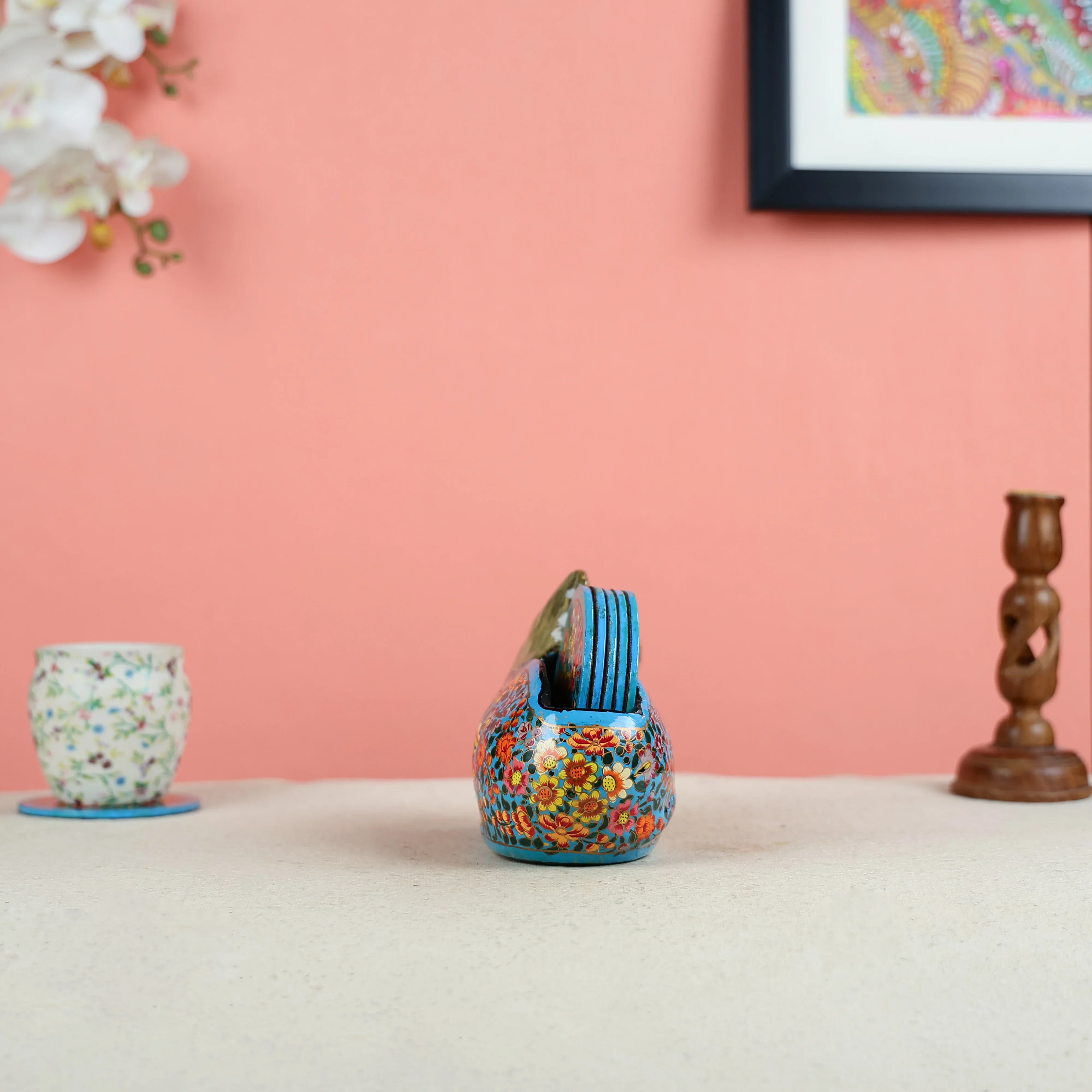Paper Mache Crafted & Handpainted Cat With 6 Coasters Set - Image 5