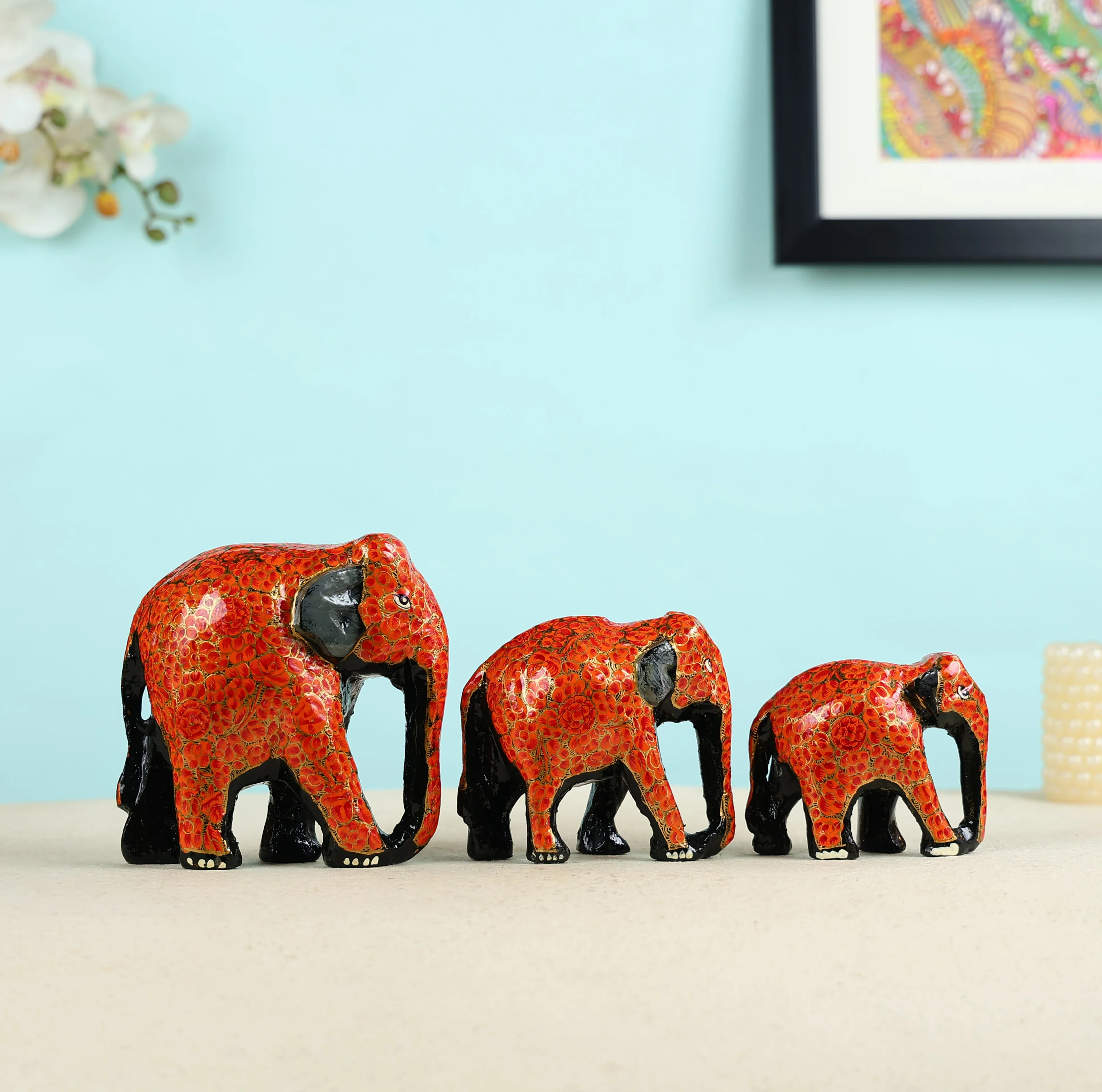 Paper Mache Crafted & Handpainted Elephant Family Set of 3 Table Decor - Image 3