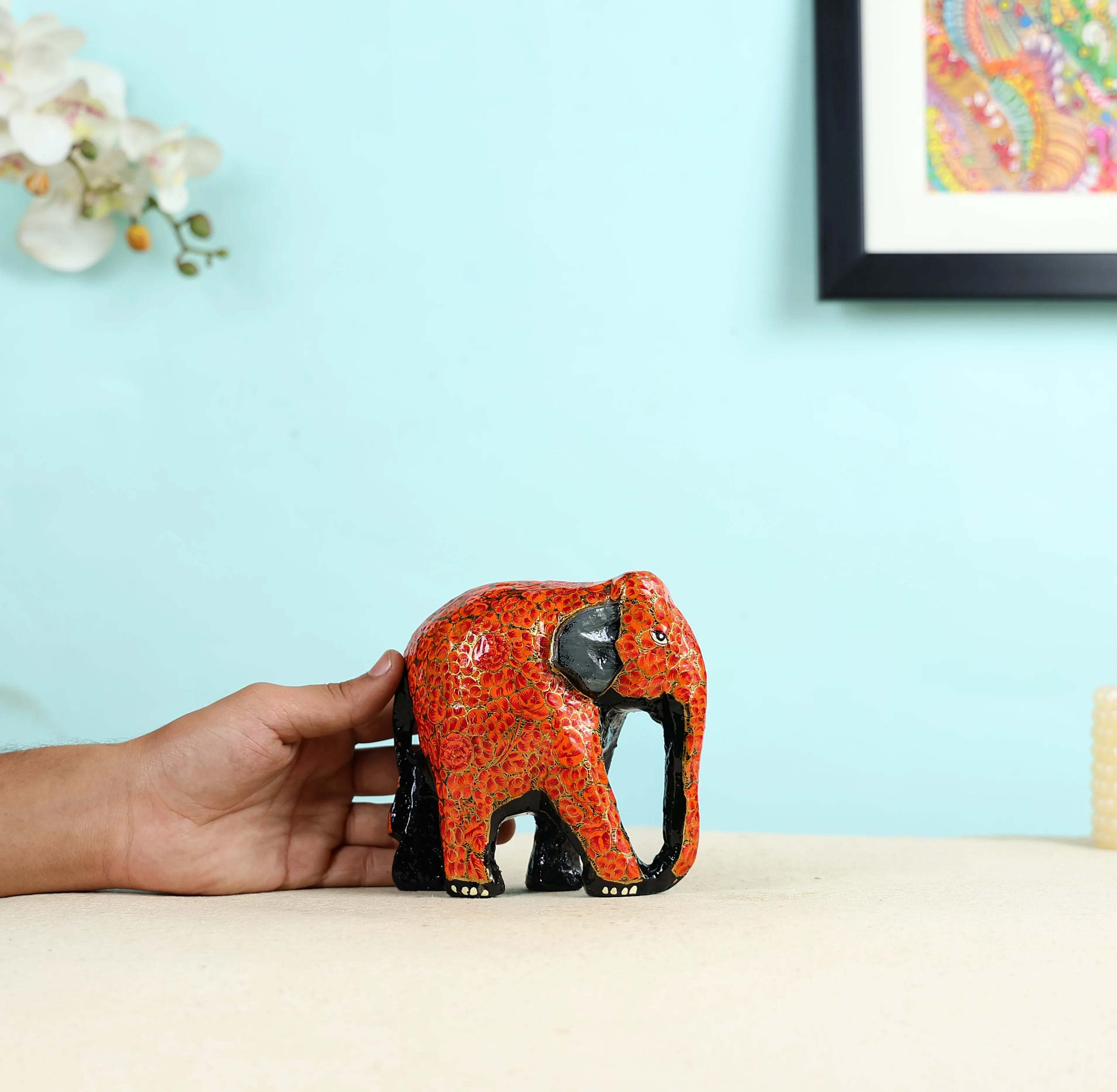 Paper Mache Crafted & Handpainted Elephant Family Set of 3 Table Decor - Image 5