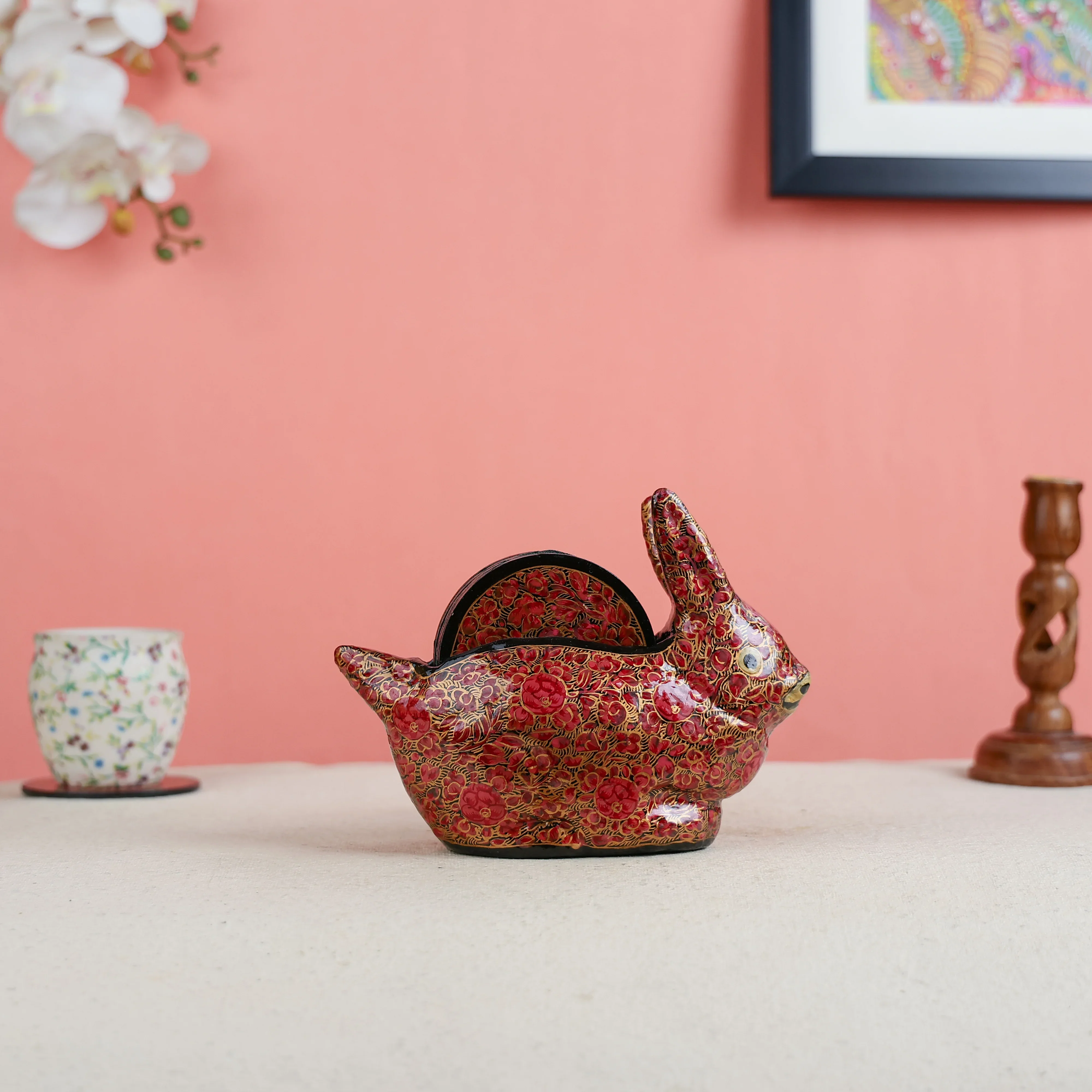 Paper Mache Crafted & Handpainted Rabbit With 6 Coasters Set - Image 4