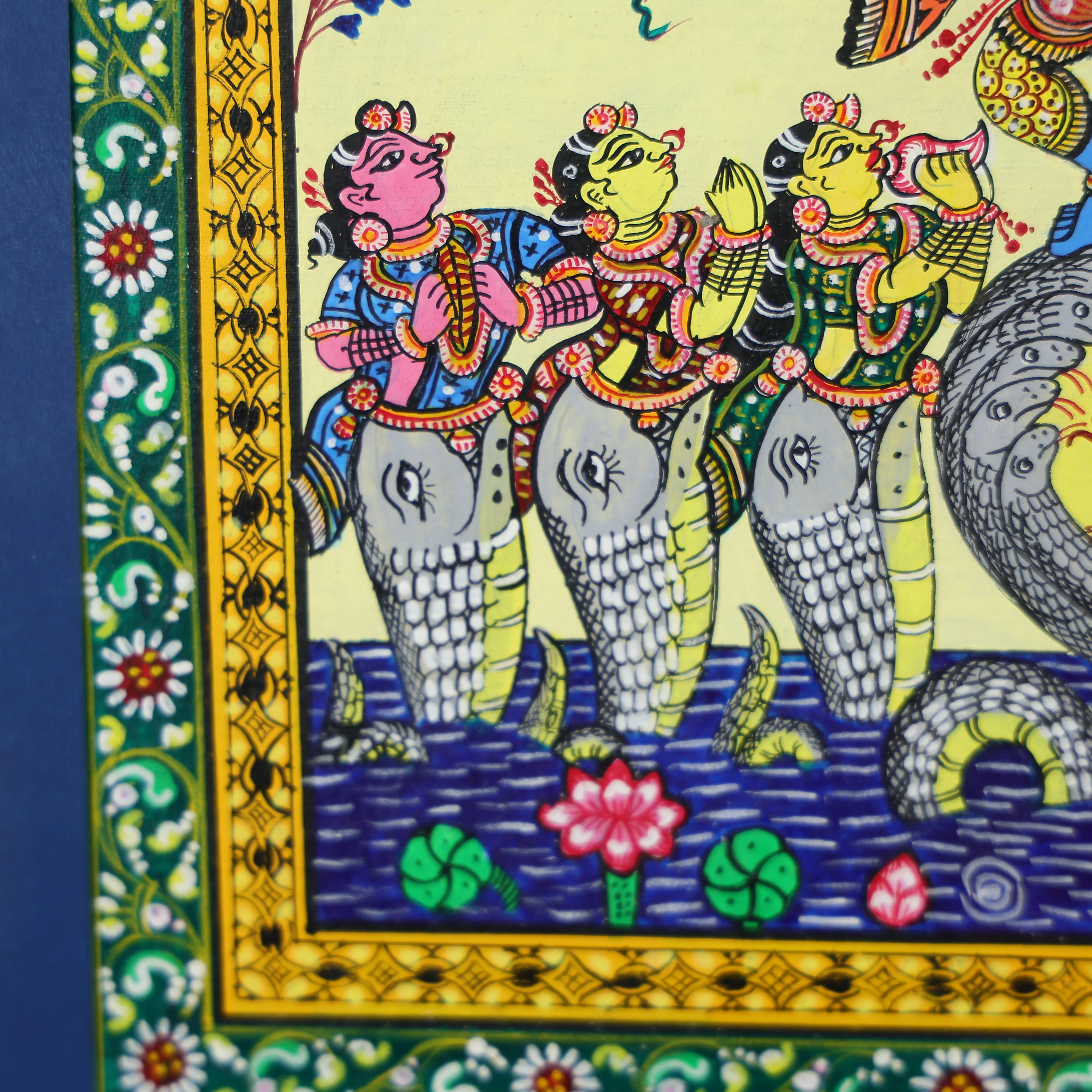 15" Pattachitra Hand Painted on Clay Clad Cloth Wall Art of Lord Krishna Dancing on Kaliya Naag - Image 3