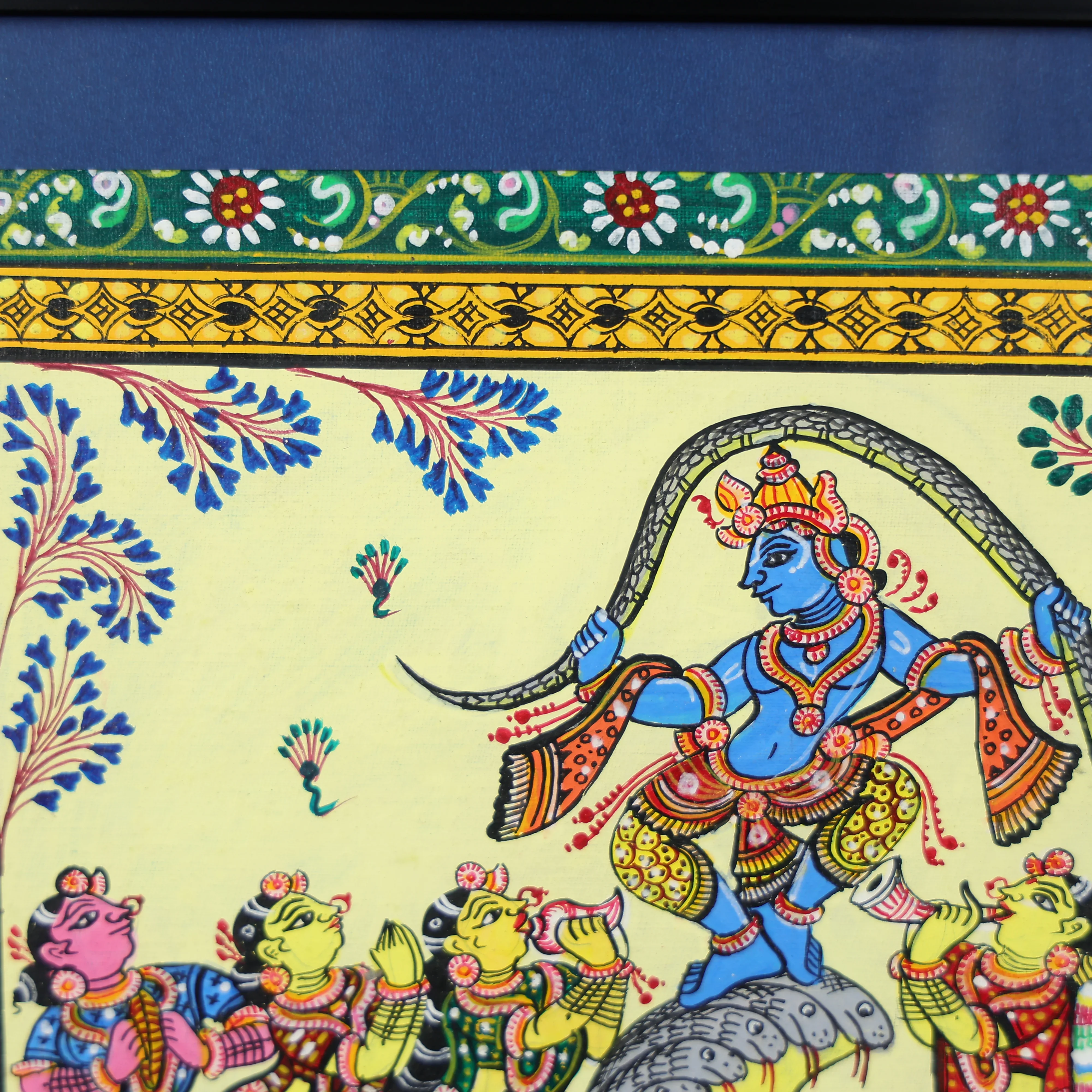 15" Pattachitra Hand Painted on Clay Clad Cloth Wall Art of Lord Krishna Dancing on Kaliya Naag - Image 5