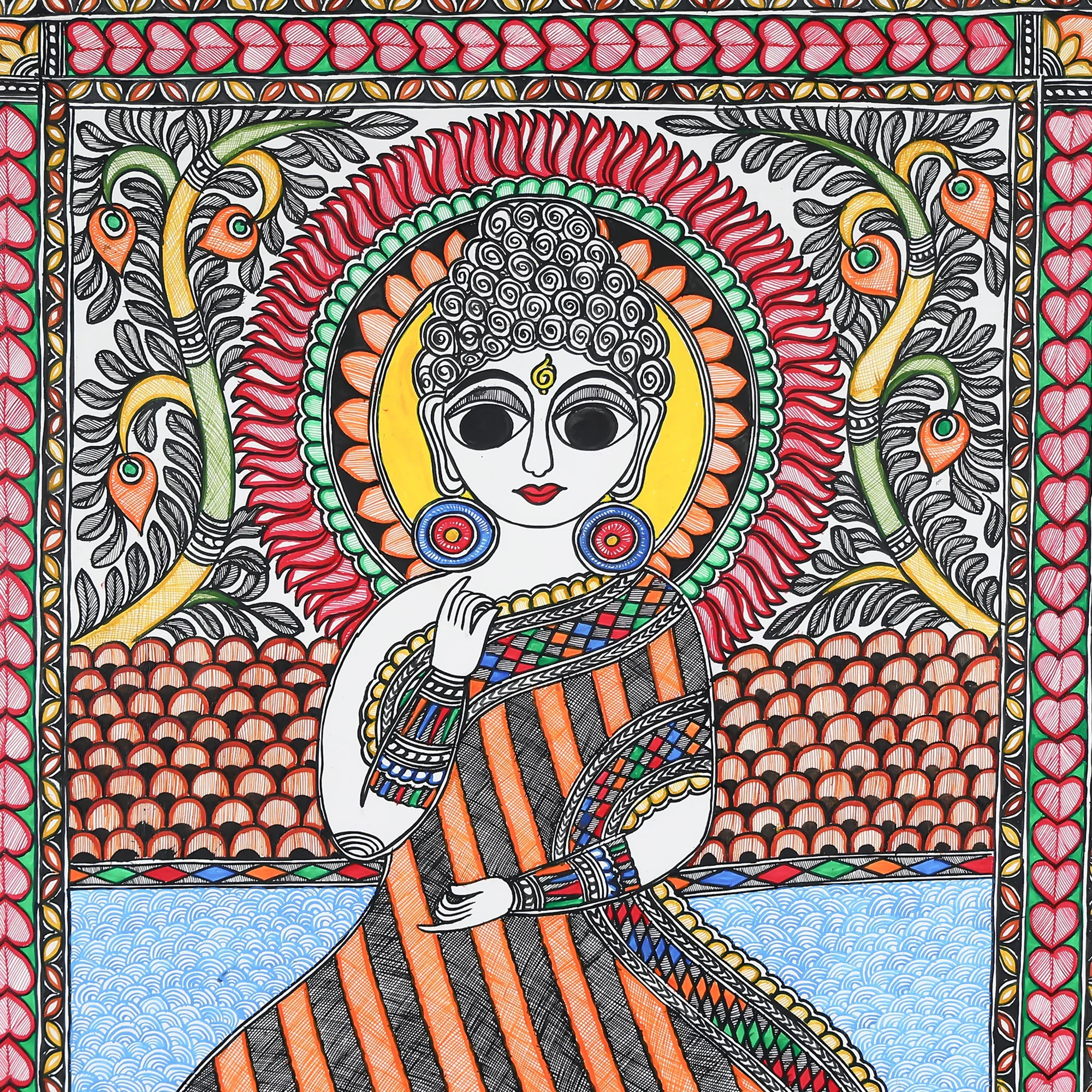 Madhubani Hand-Painted Art Of Buddha Sitting On A Lotus - Image 3