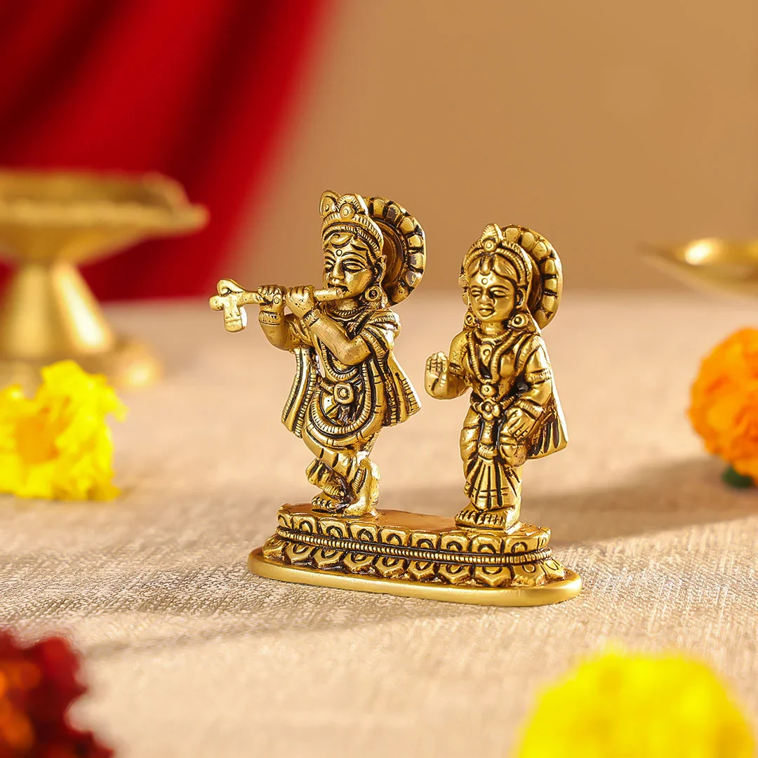 3.5" Brass Superfine Radha Krishna on Pedestal Idol - Image 7