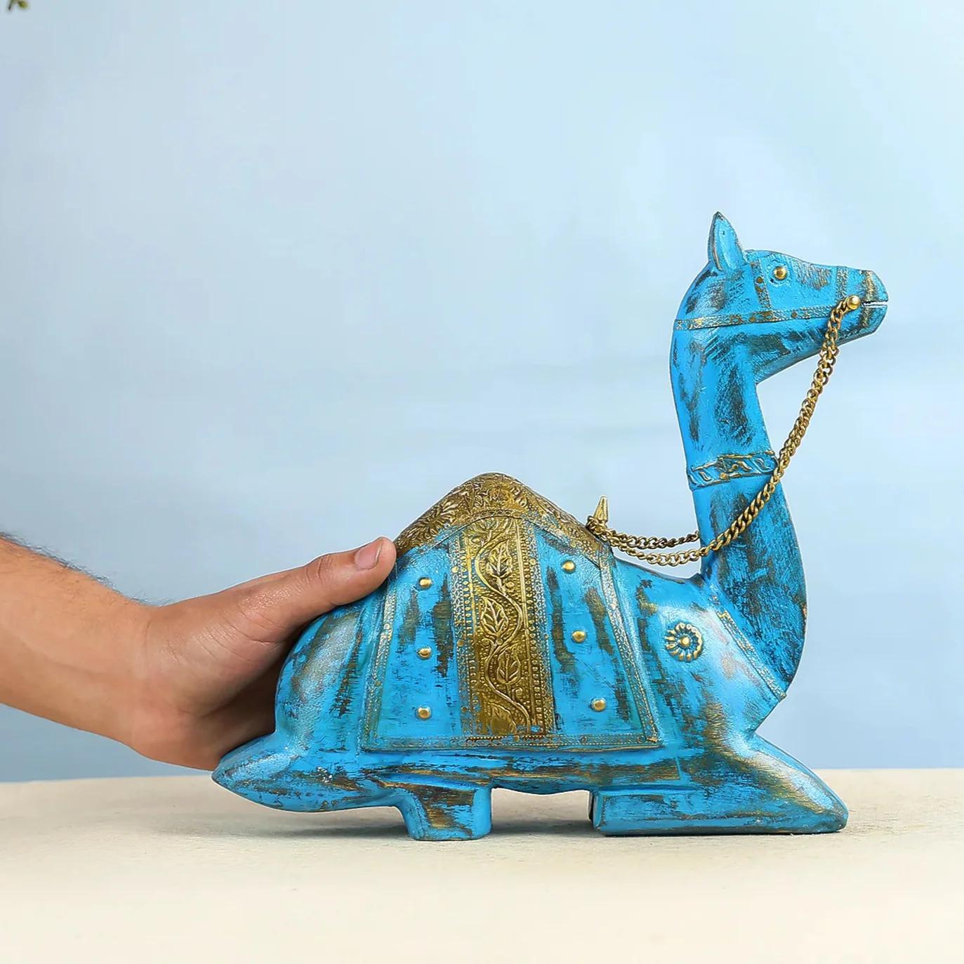 Royal Blue Handcrafted Camel Figurine With Gold Accents - Image 3