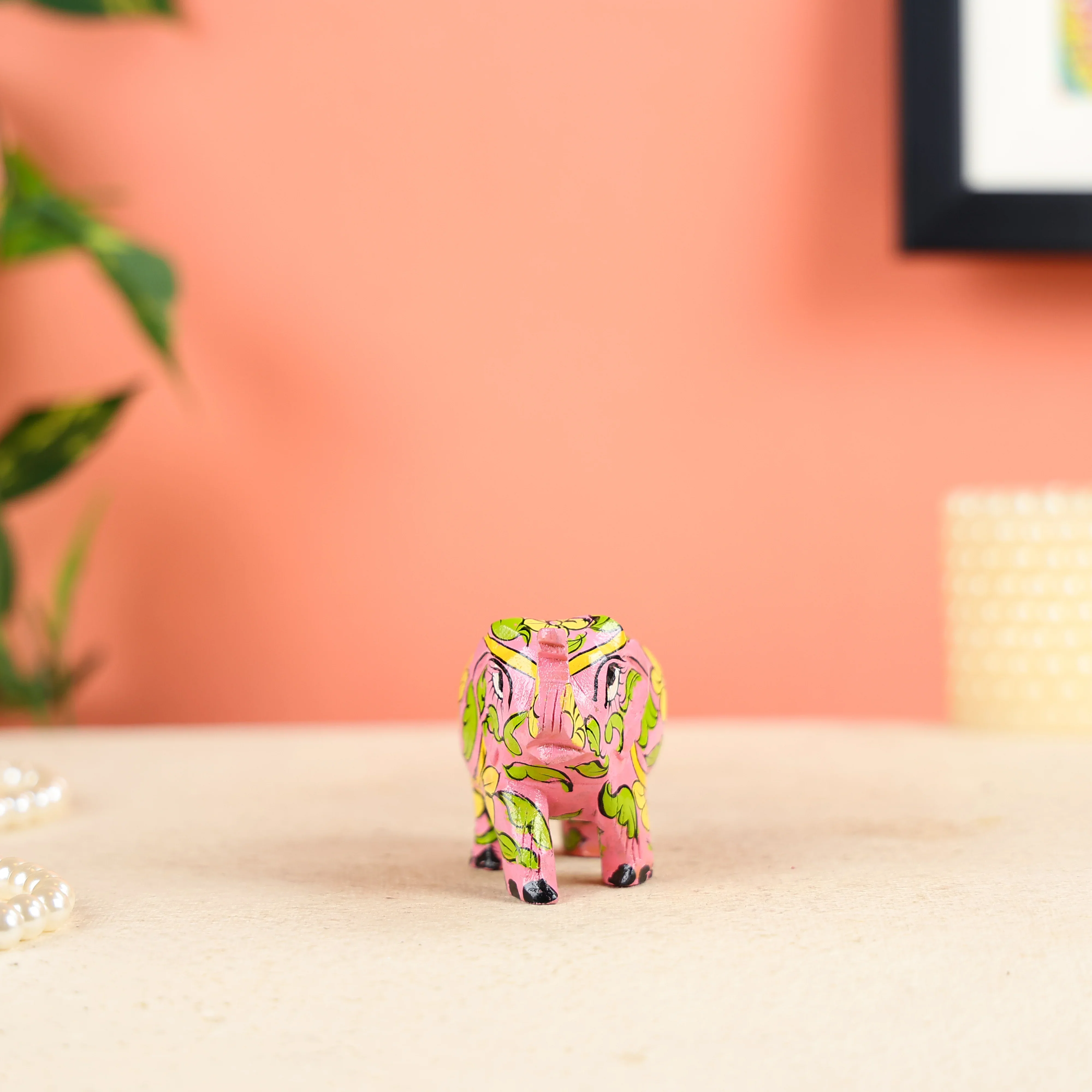 Small Pink Elephant Sculpture With Floral Designs - Image 3