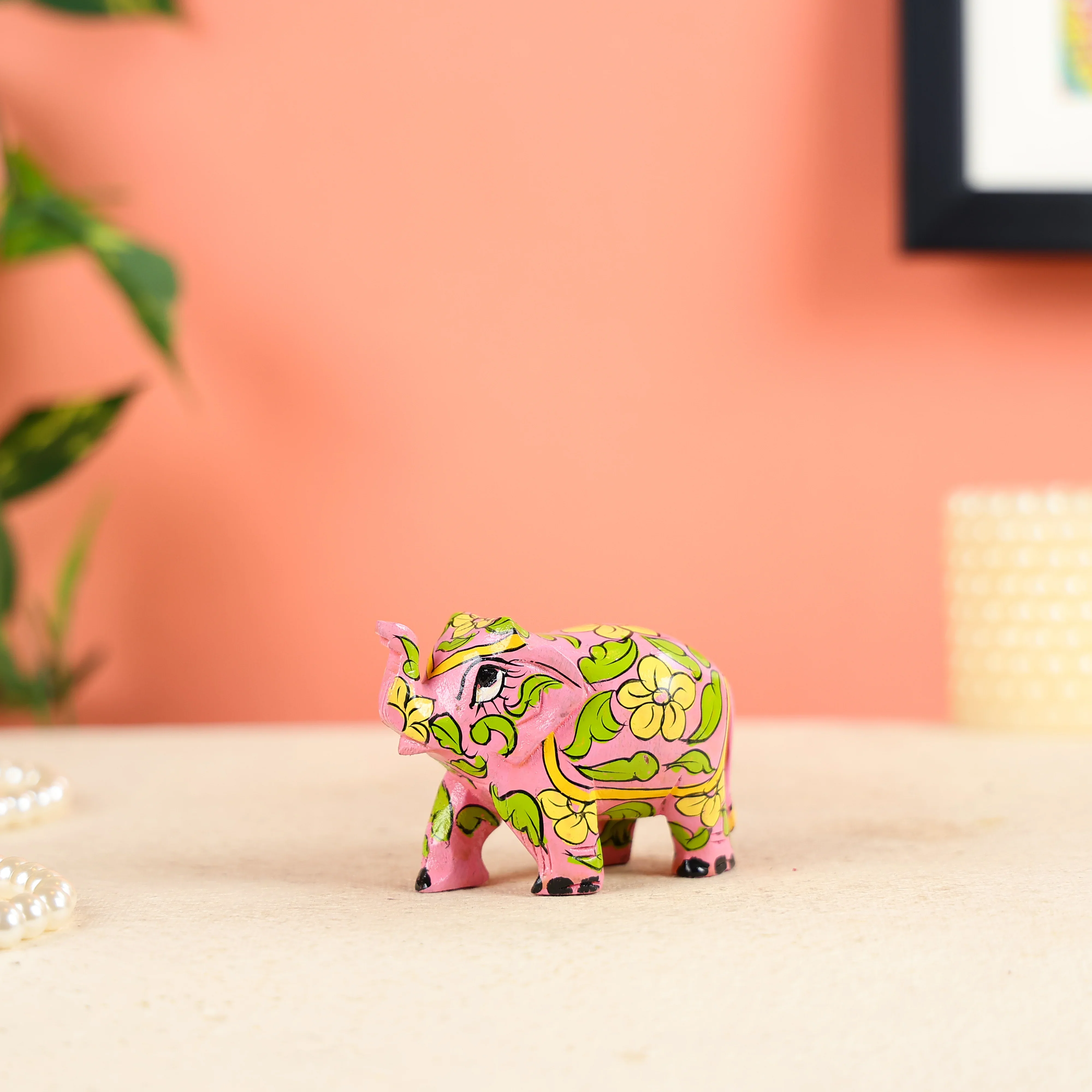 Small Pink Elephant Sculpture With Floral Designs - Image 4