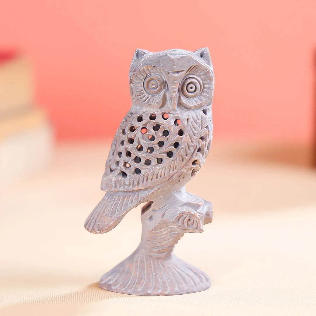 Stone Carved Undercut Owl Figure Table Decor - Image 5