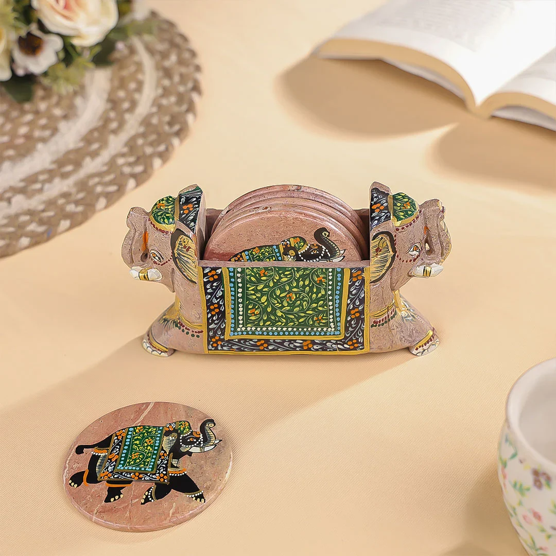 3" Hand Painted Stone Crafted with Carved Pocket Stand Elephant Coasters Set of 6 - Image 3