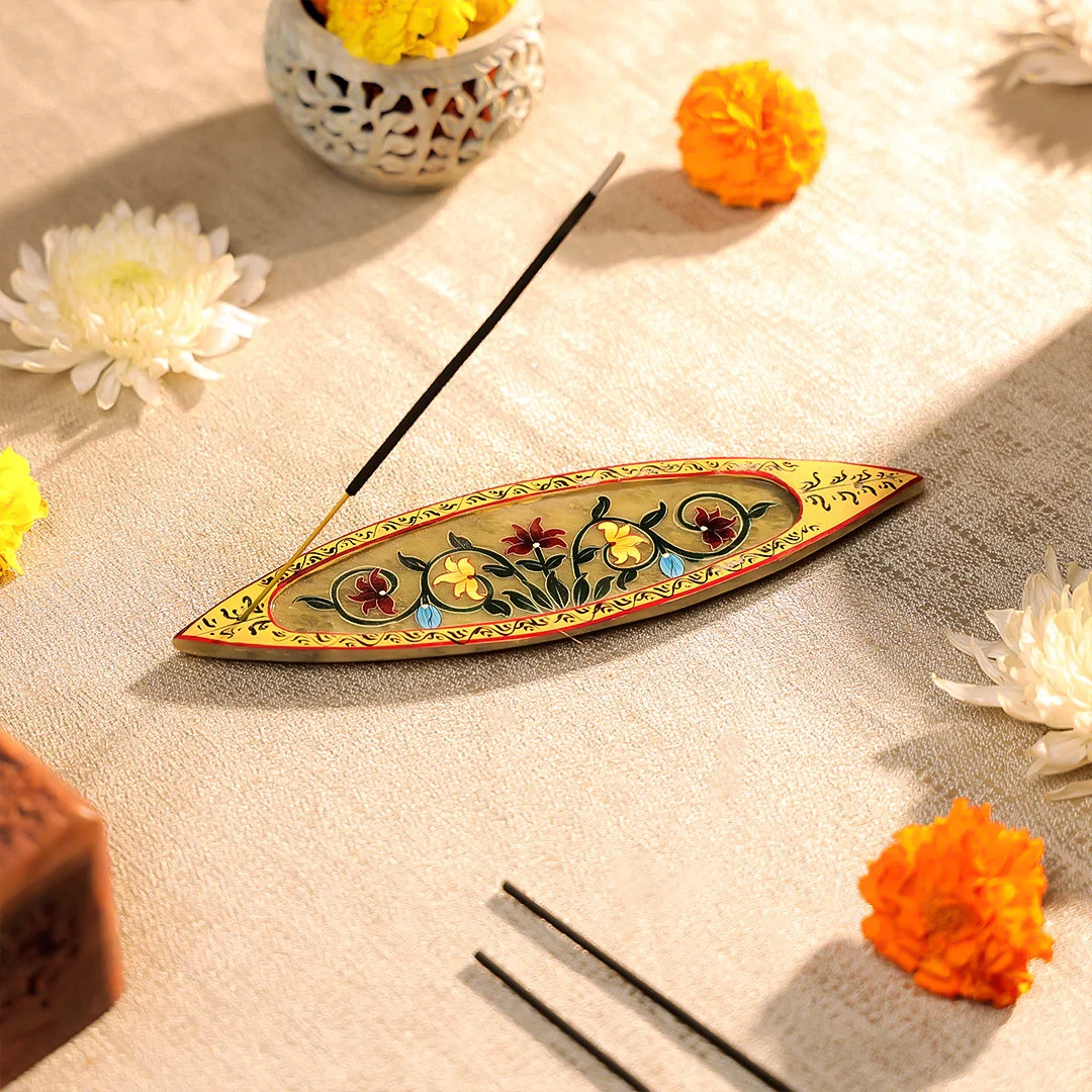 8" Hand Painted Stone Crafted Boat Shaped Incense Holder Plate - Image 3