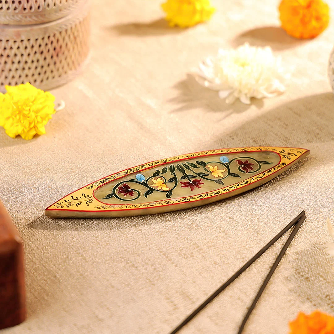 8" Hand Painted Stone Crafted Boat Shaped Incense Holder Plate - Image 4
