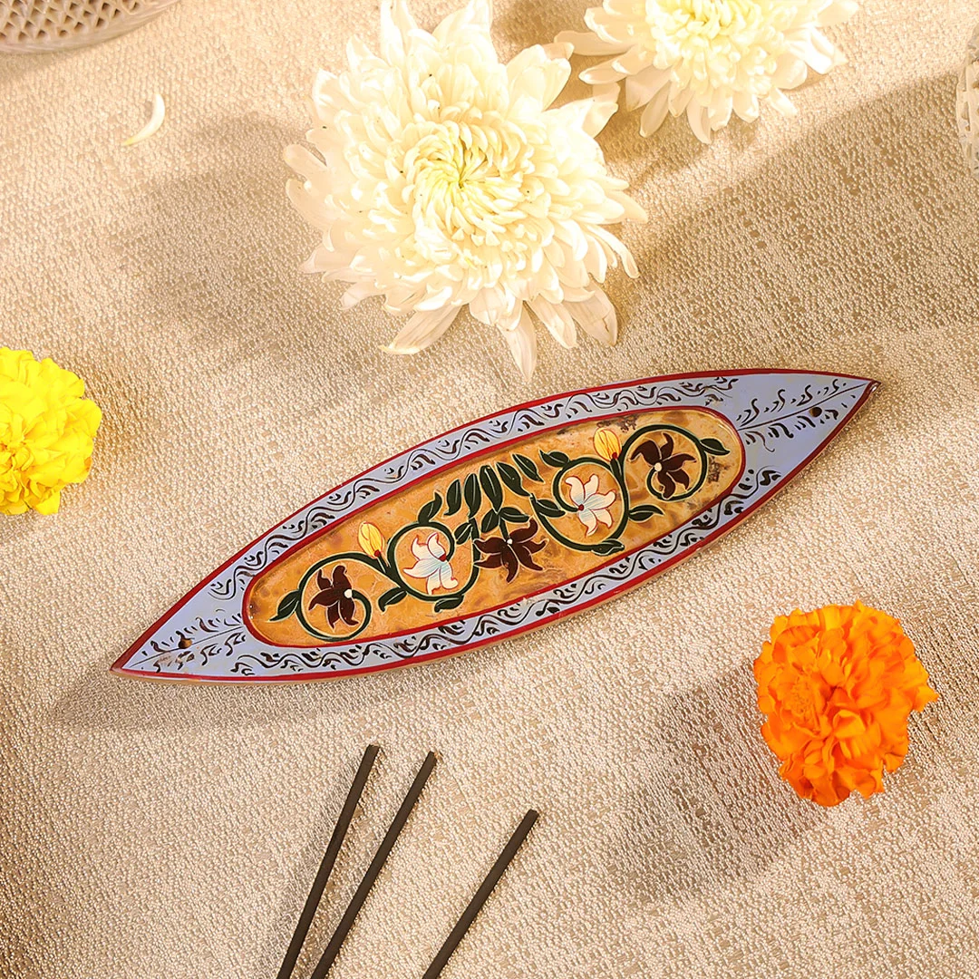 8" Hand Painted Stone Crafted Boat Shaped Incense Holder Plate - Image 5