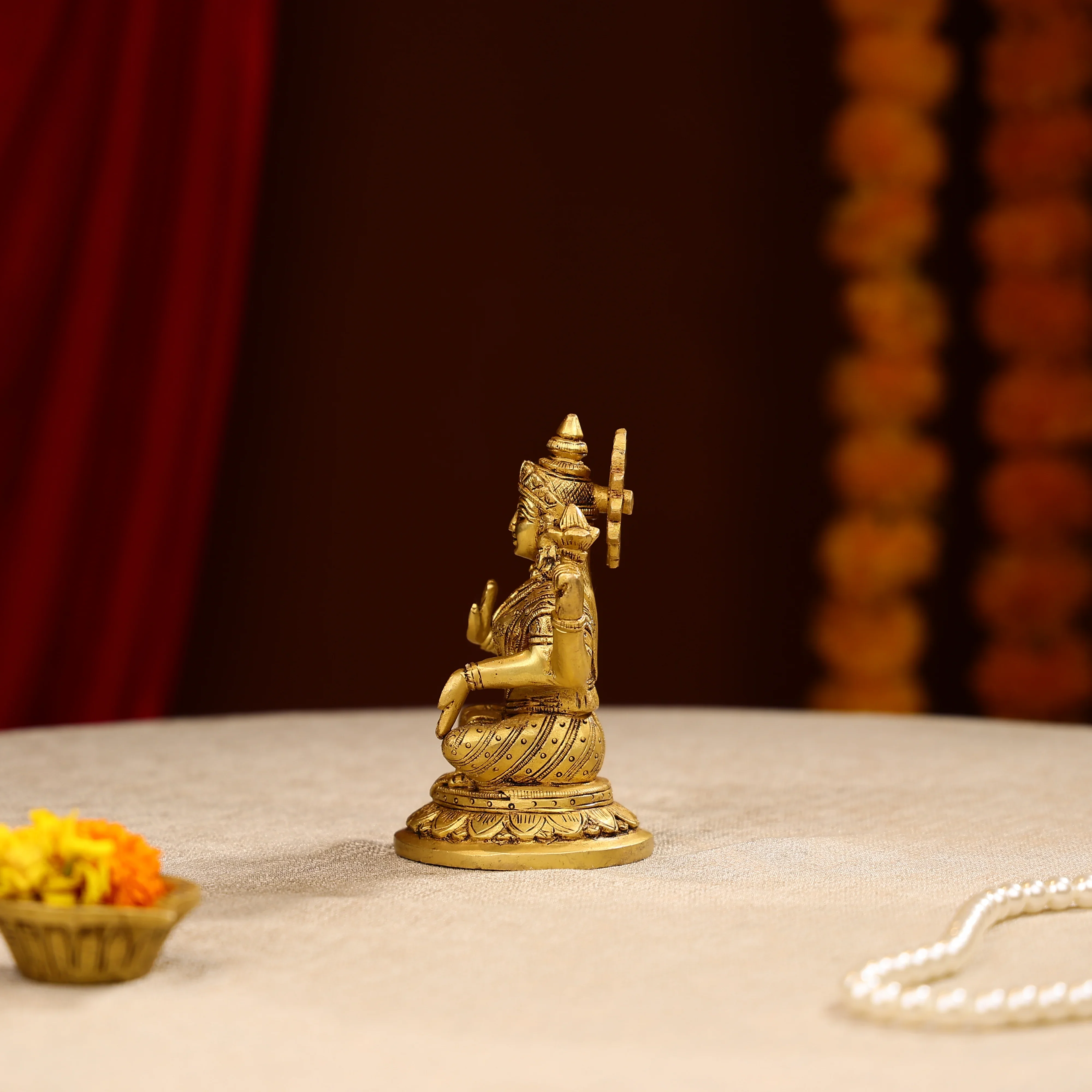 5.5" Super Fine Brass Blessing Goddess Laxmi Seated On Round Base - Image 3
