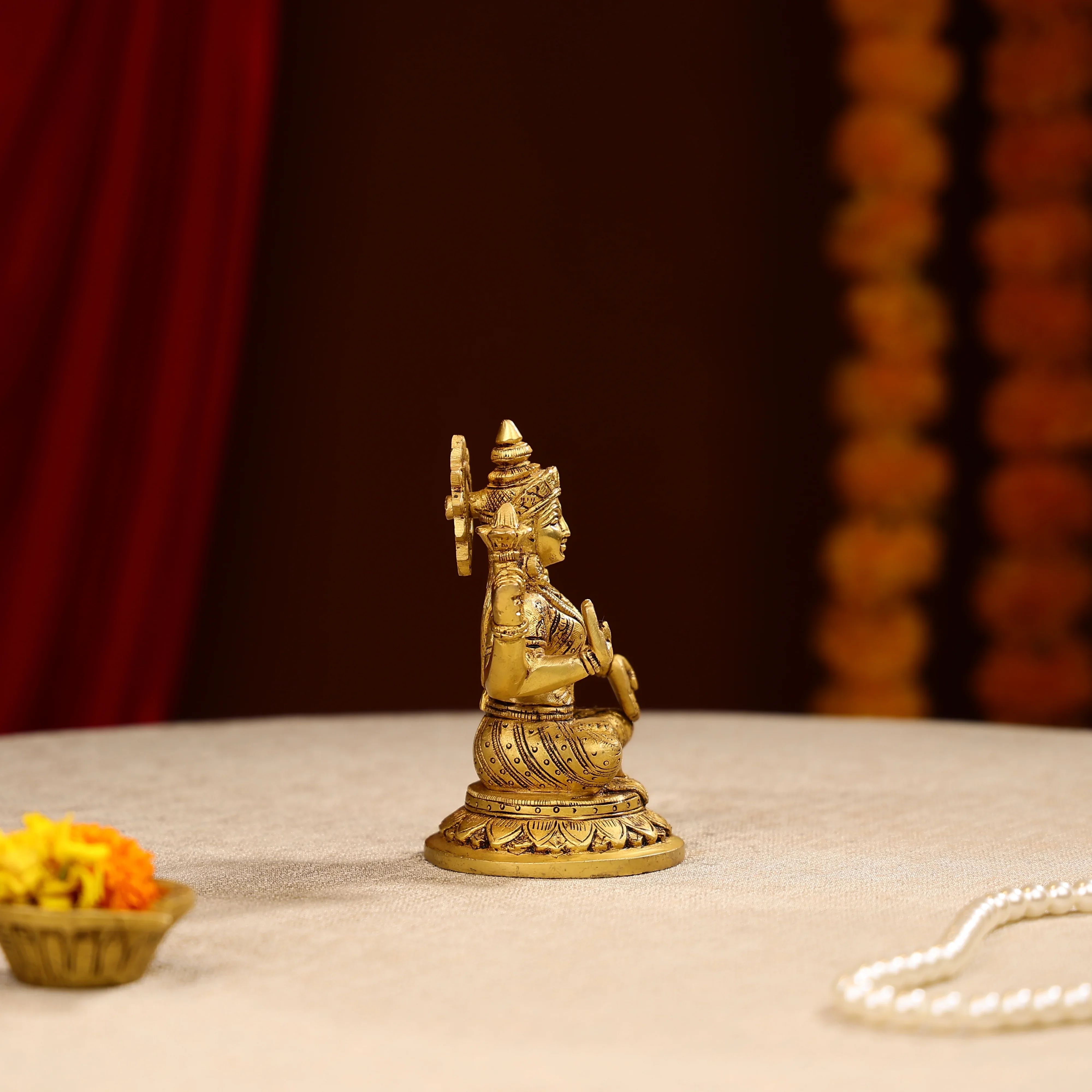 5.5" Super Fine Brass Blessing Goddess Laxmi Seated On Round Base - Image 5
