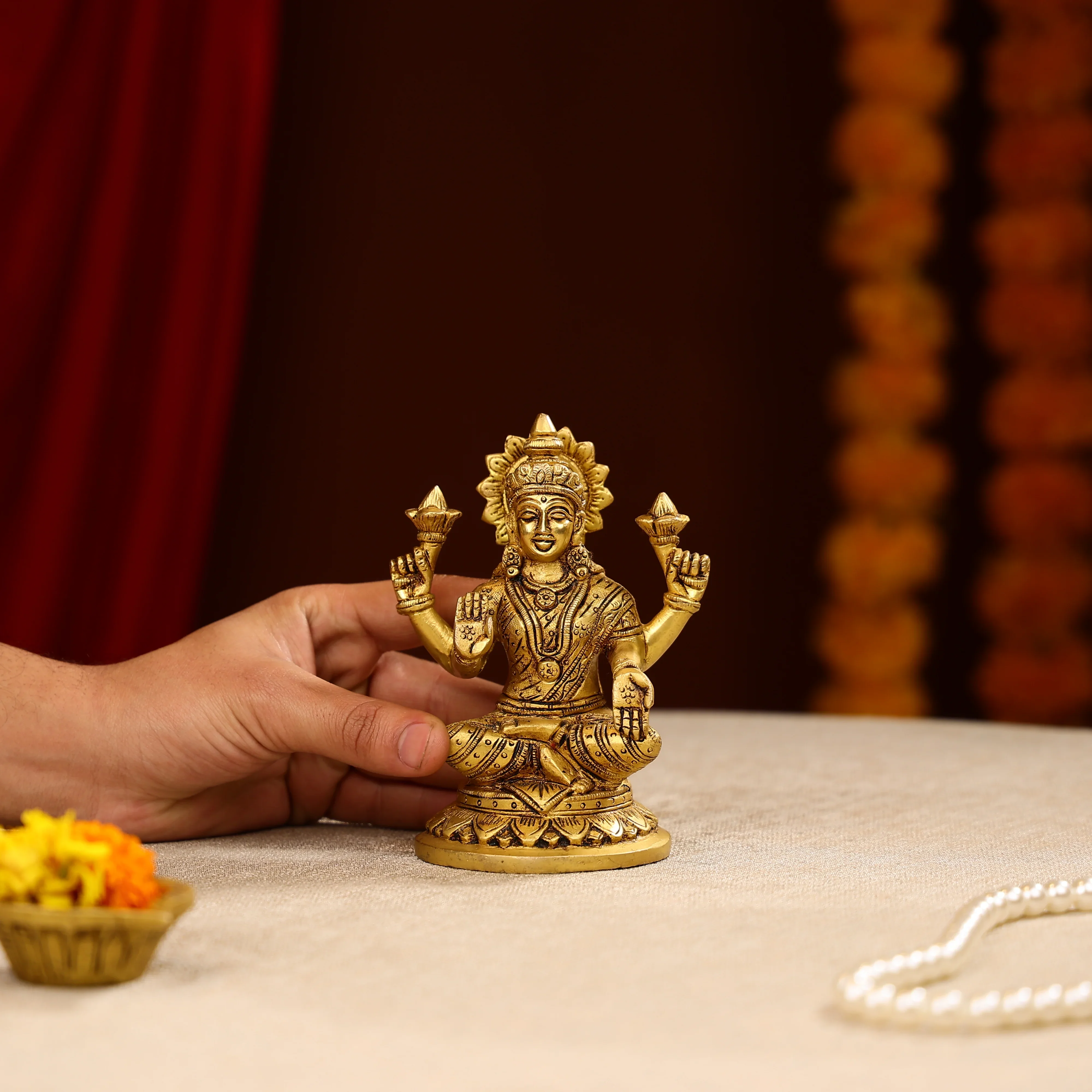 5.5" Super Fine Brass Blessing Goddess Laxmi Seated On Round Base - Image 6