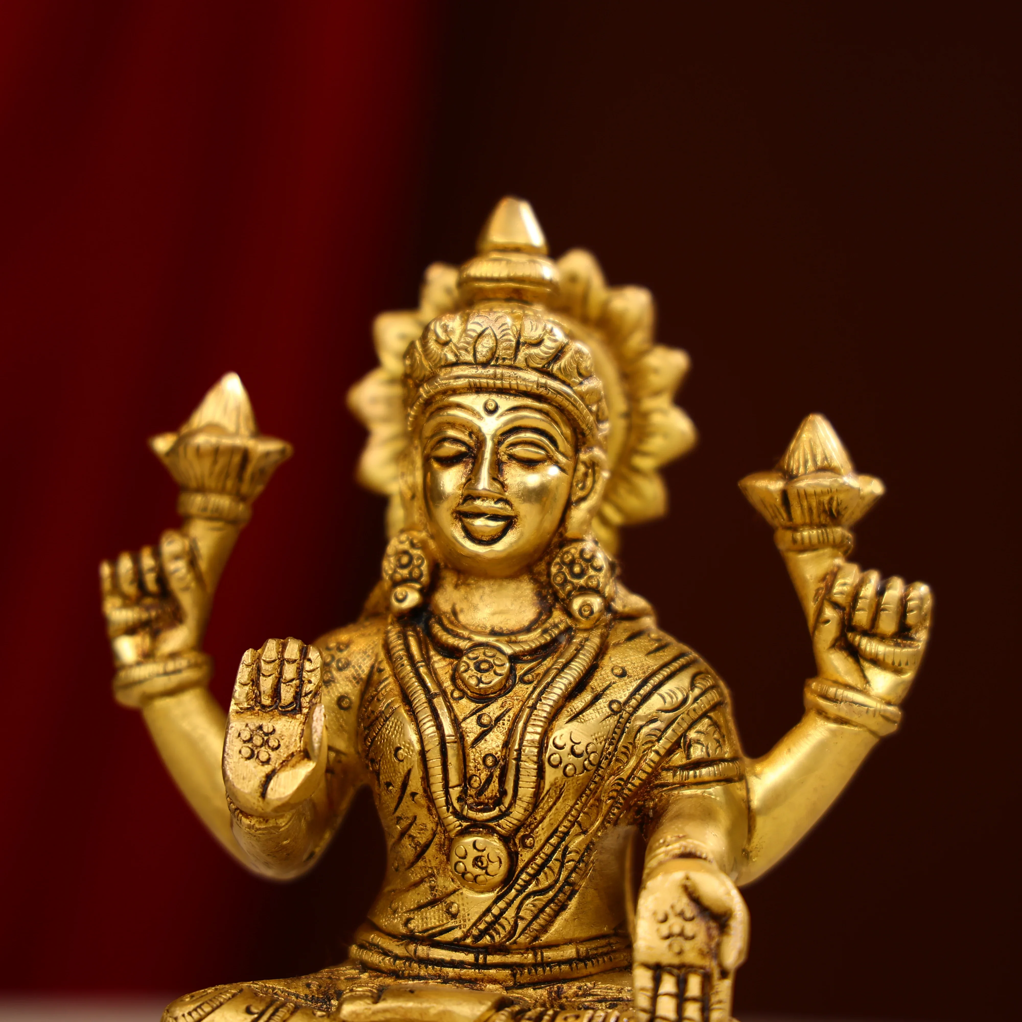 5.5" Super Fine Brass Blessing Goddess Laxmi Seated On Round Base - Image 9