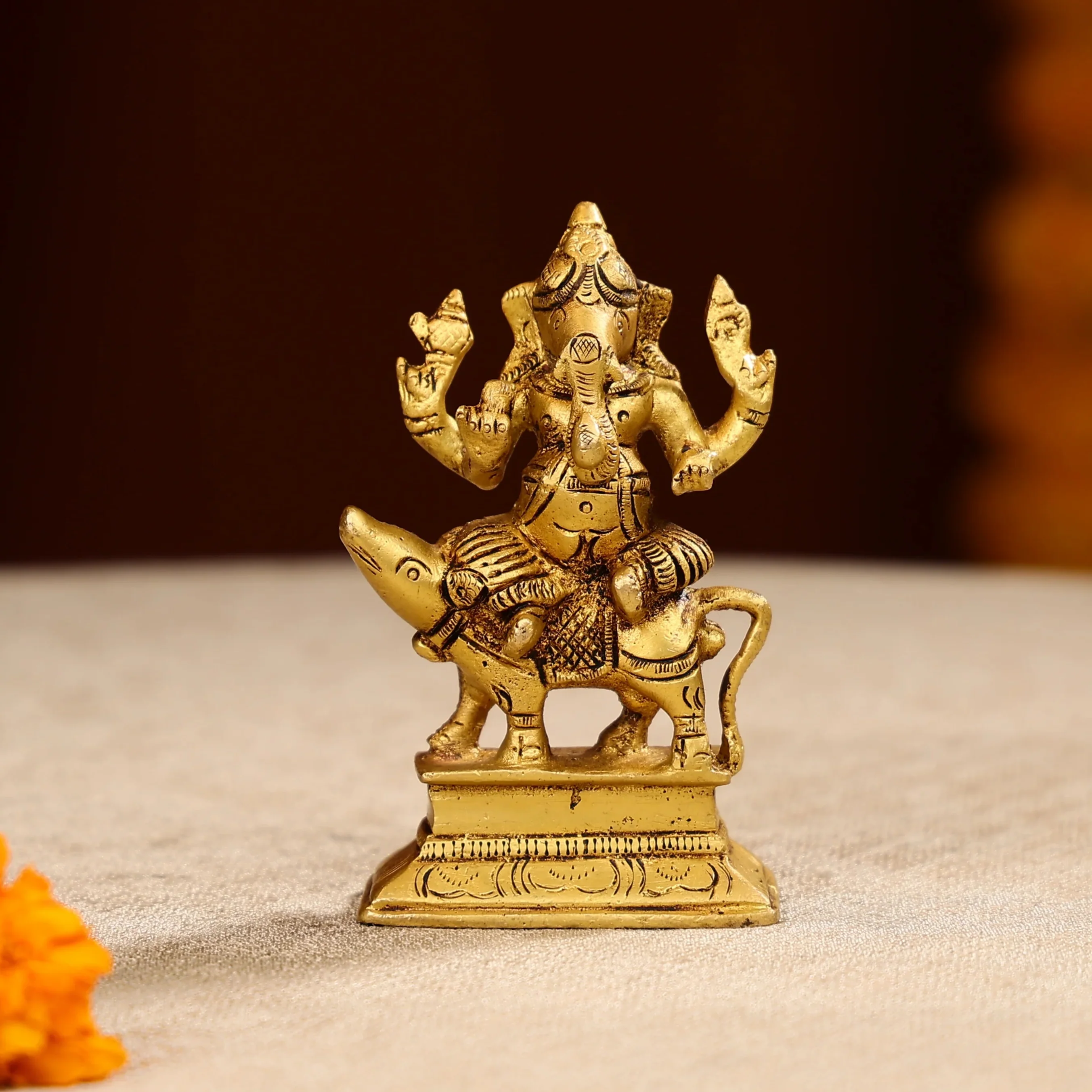 4.5" Super Fine Brass Lord Ganesha Idol Seated on Mouse