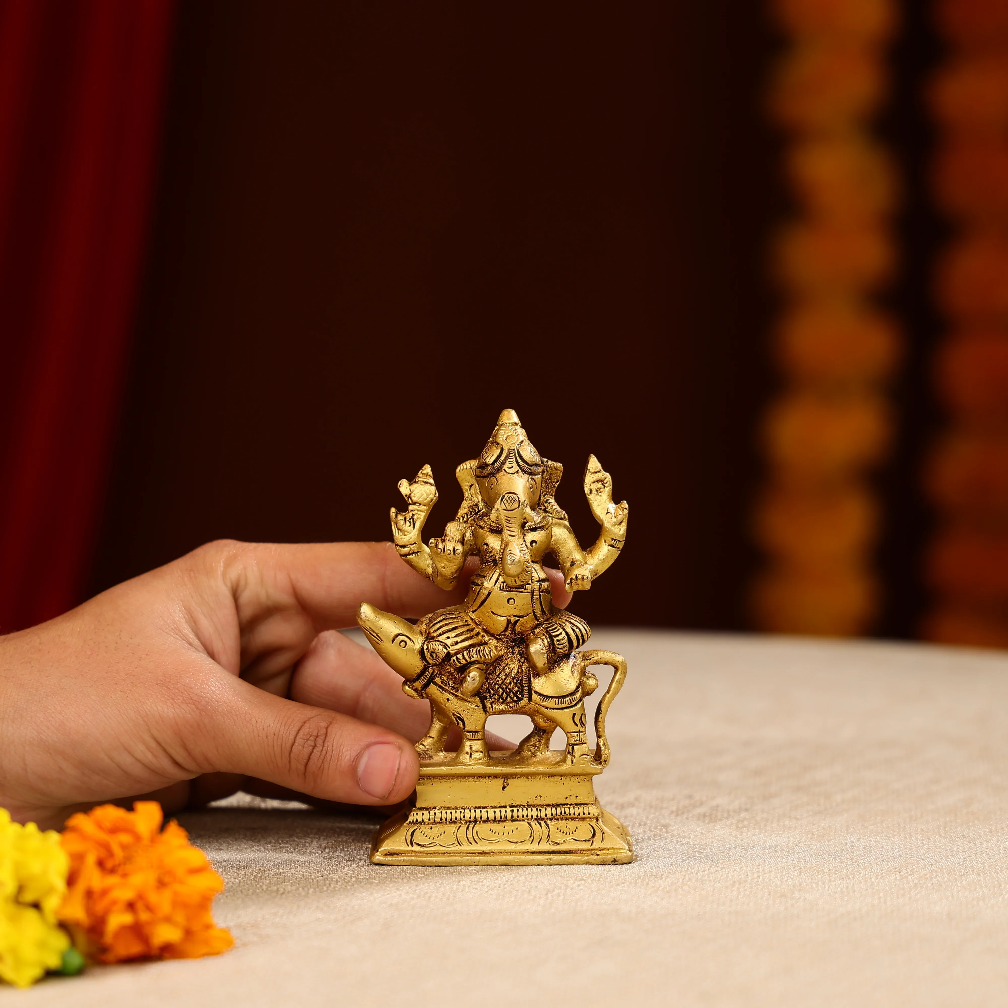 4.5" Super Fine Brass Lord Ganesha Idol Seated on Mouse - Image 5