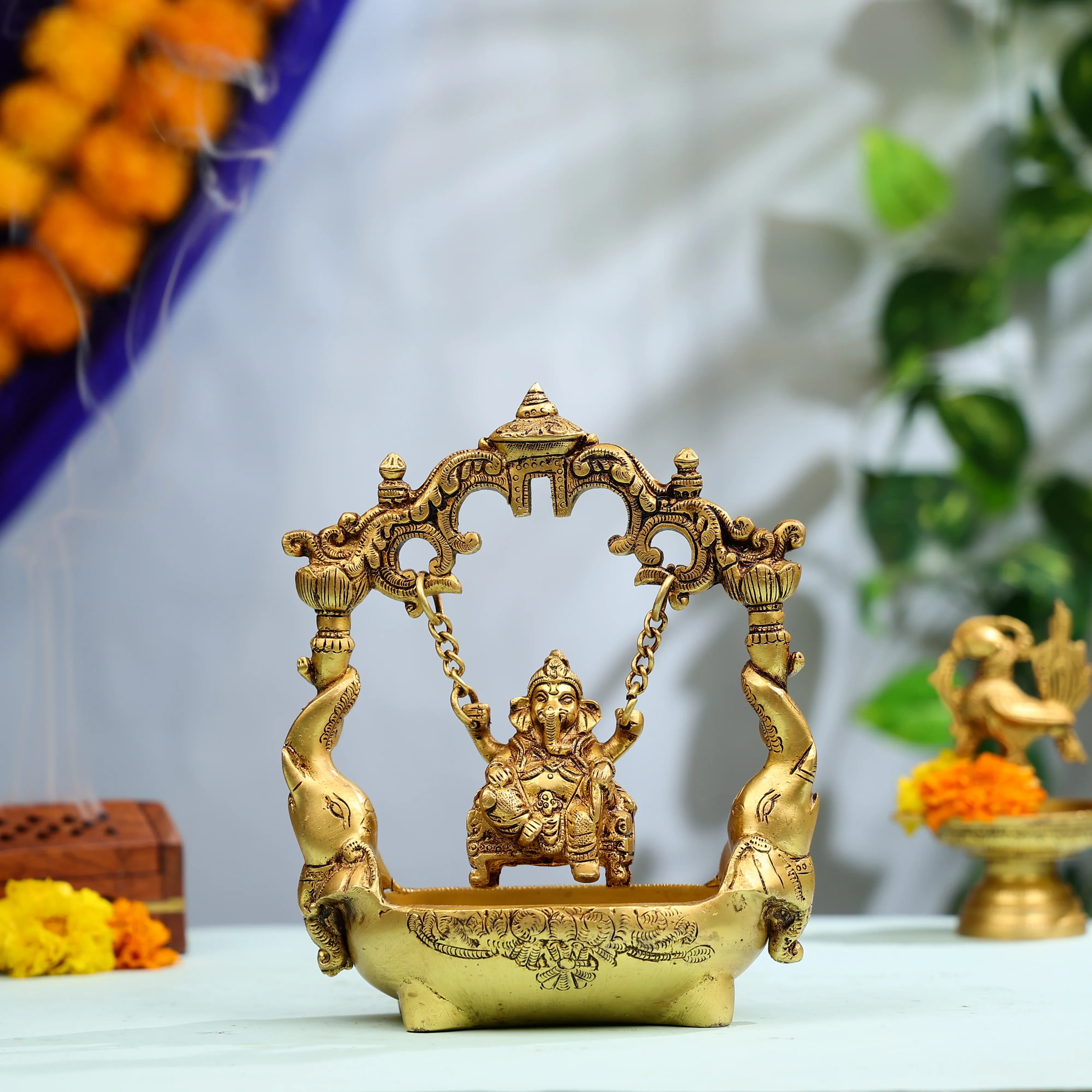 9" Super Fine Brass Lord Ganesha Swinging Idol On Elephant Urli