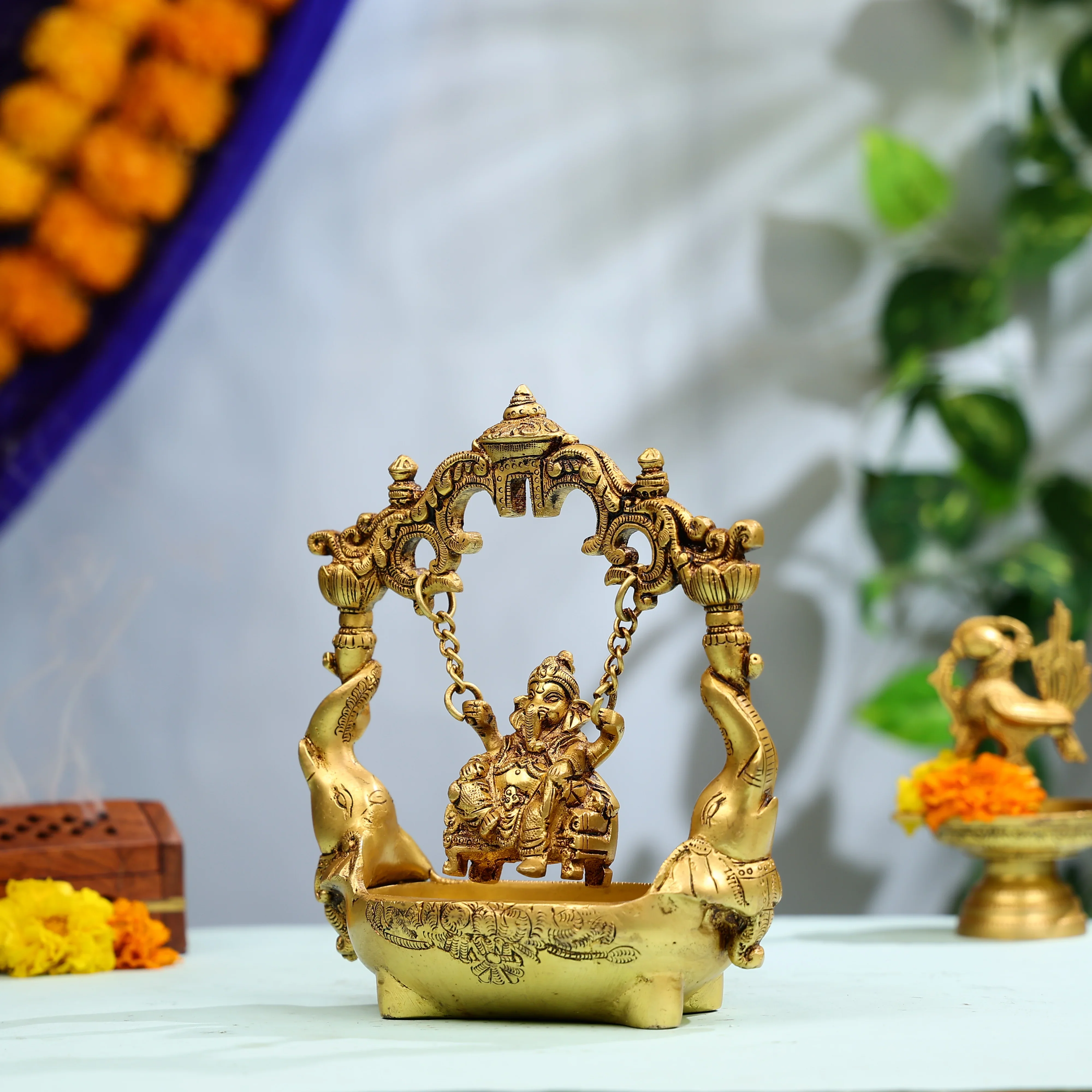 9" Super Fine Brass Lord Ganesha Swinging Idol On Elephant Urli - Image 2