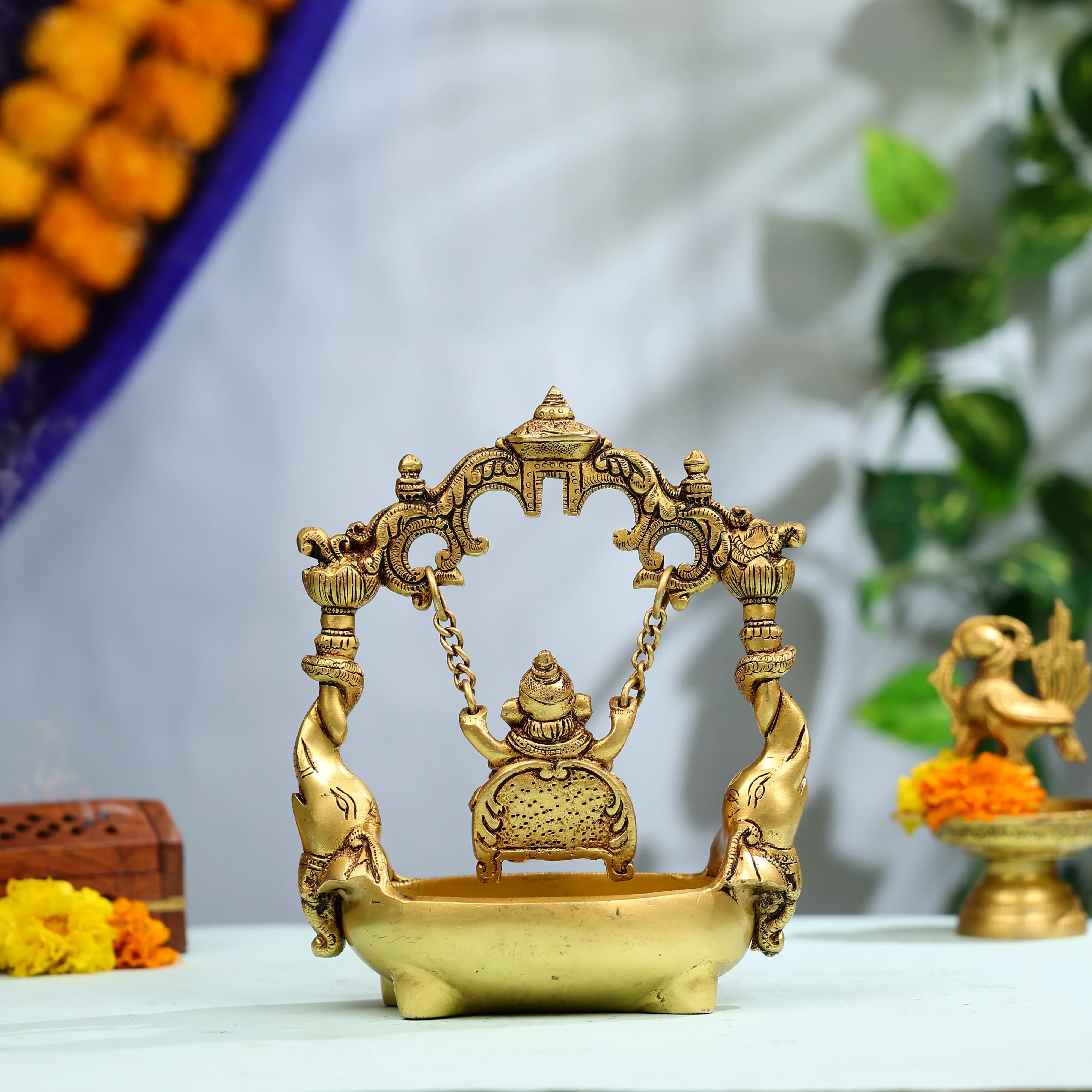 9" Super Fine Brass Lord Ganesha Swinging Idol On Elephant Urli - Image 3