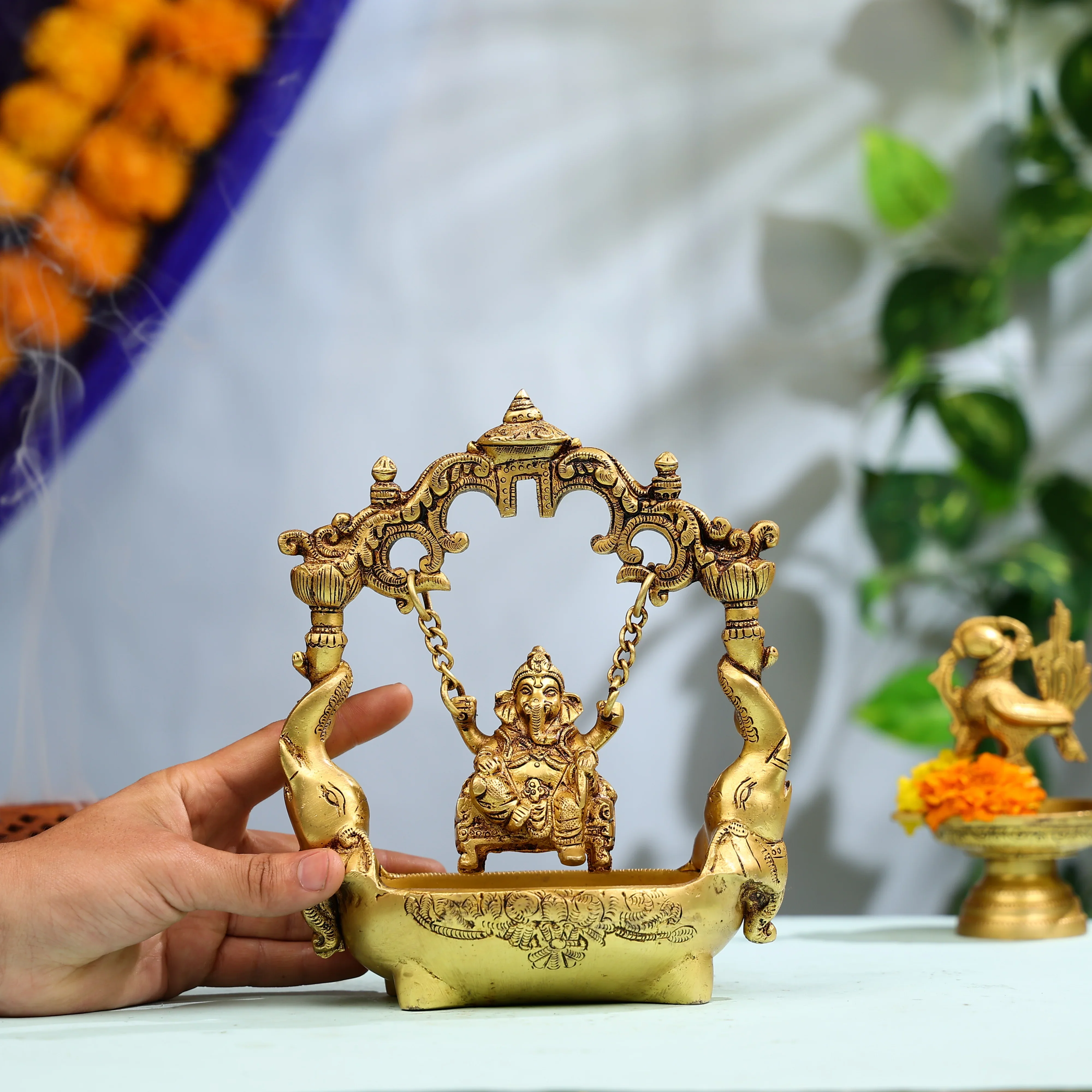 9" Super Fine Brass Lord Ganesha Swinging Idol On Elephant Urli - Image 4