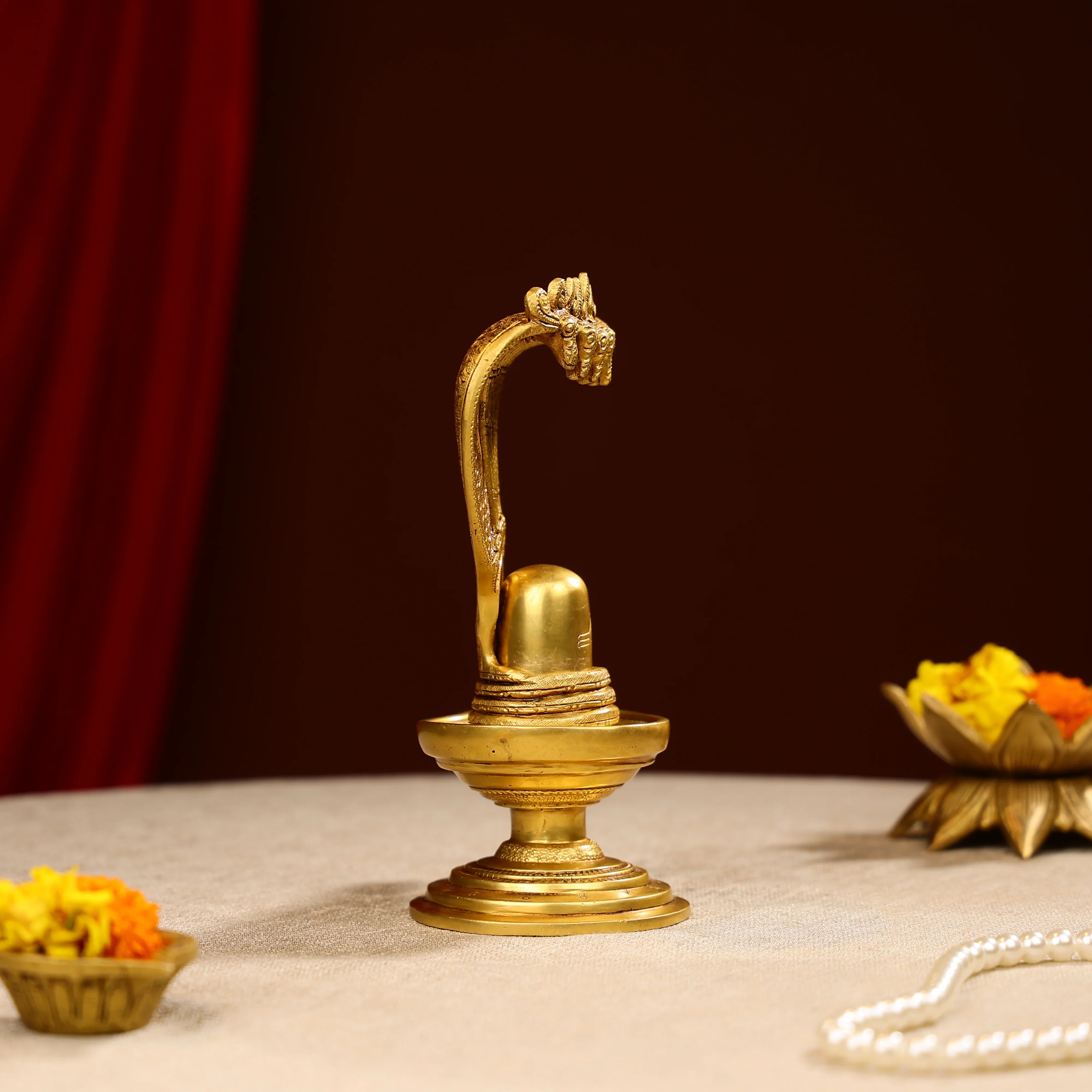 8.5" Super Fine Brass Lord Shiva Linga With Sheesh Naag Idol - Image 3
