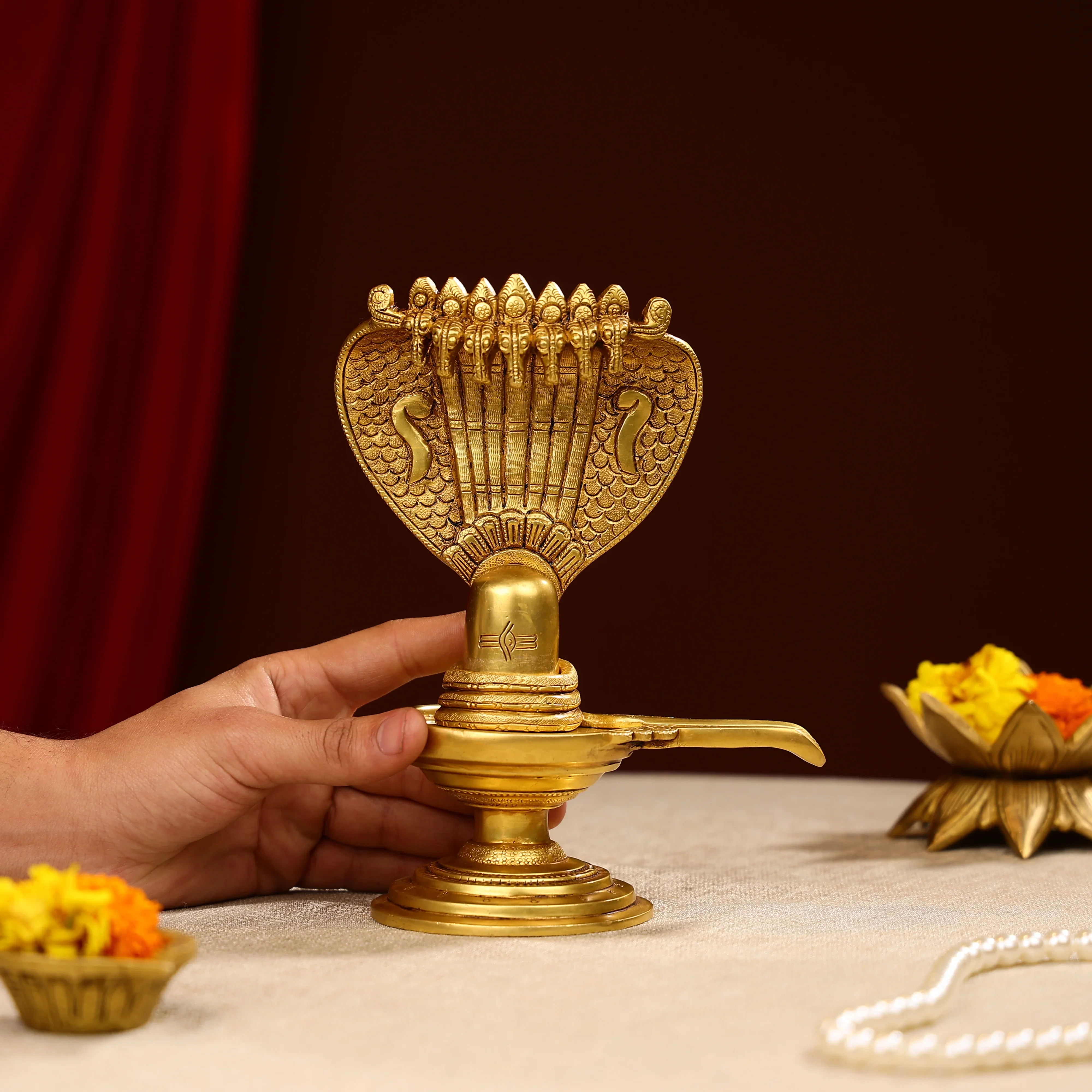 8.5" Super Fine Brass Lord Shiva Linga With Sheesh Naag Idol - Image 4