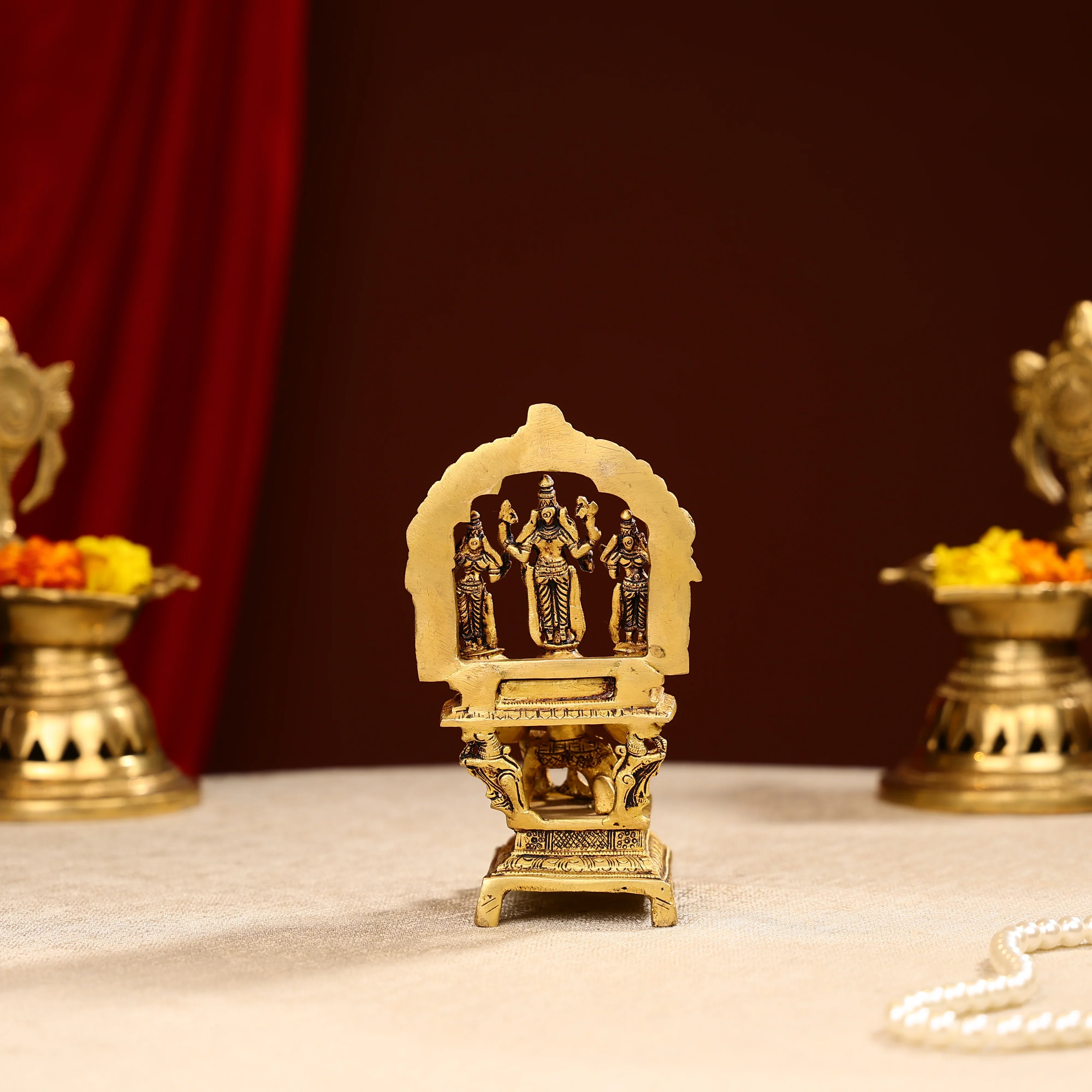 7" Super Fine Brass Shri Maha Vishnu With Sridevi Bhudevi On Garuda Bhagwan Idol - Image 3