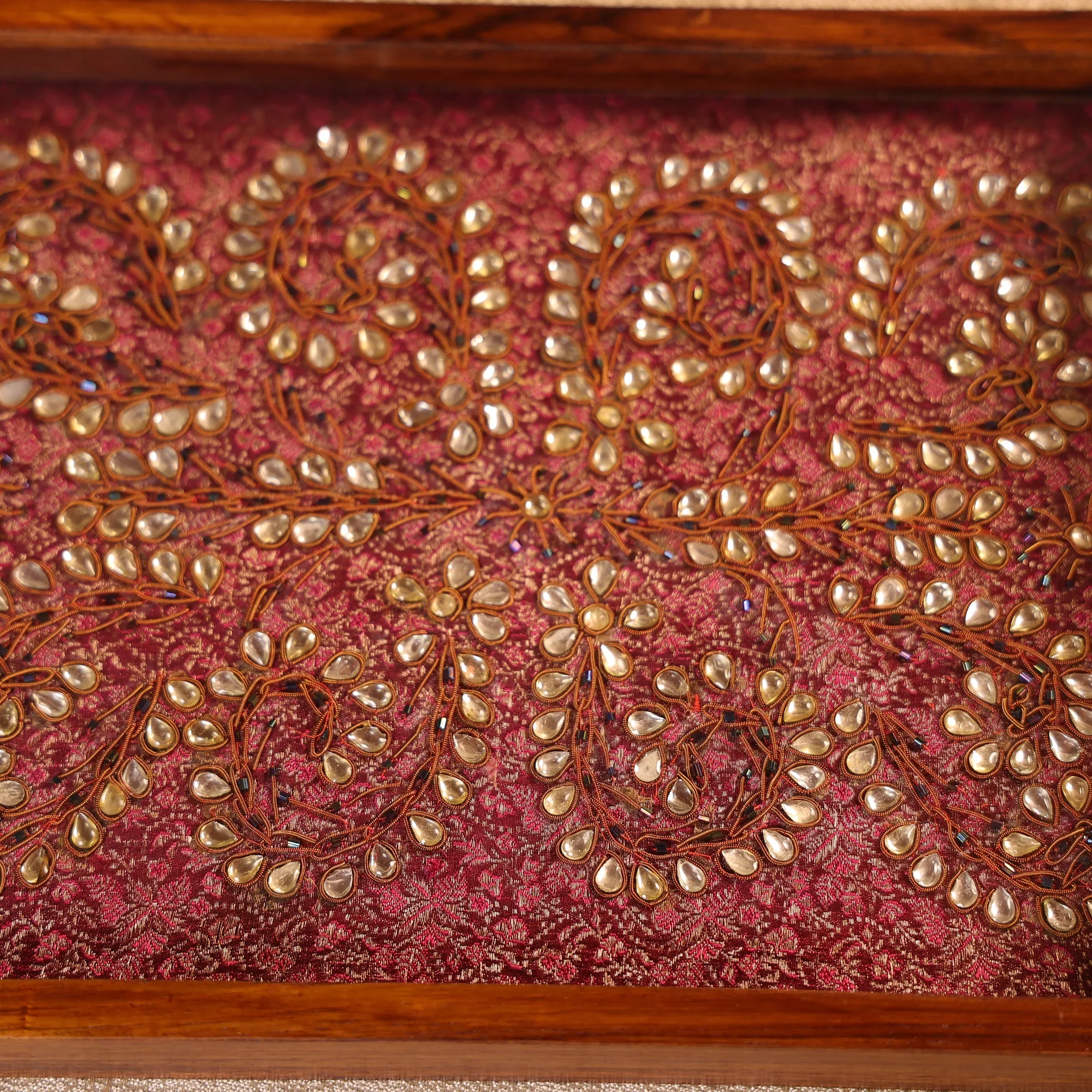 Teak Wood & Glass Framed Kundan Craft Serving Tray - Image 5
