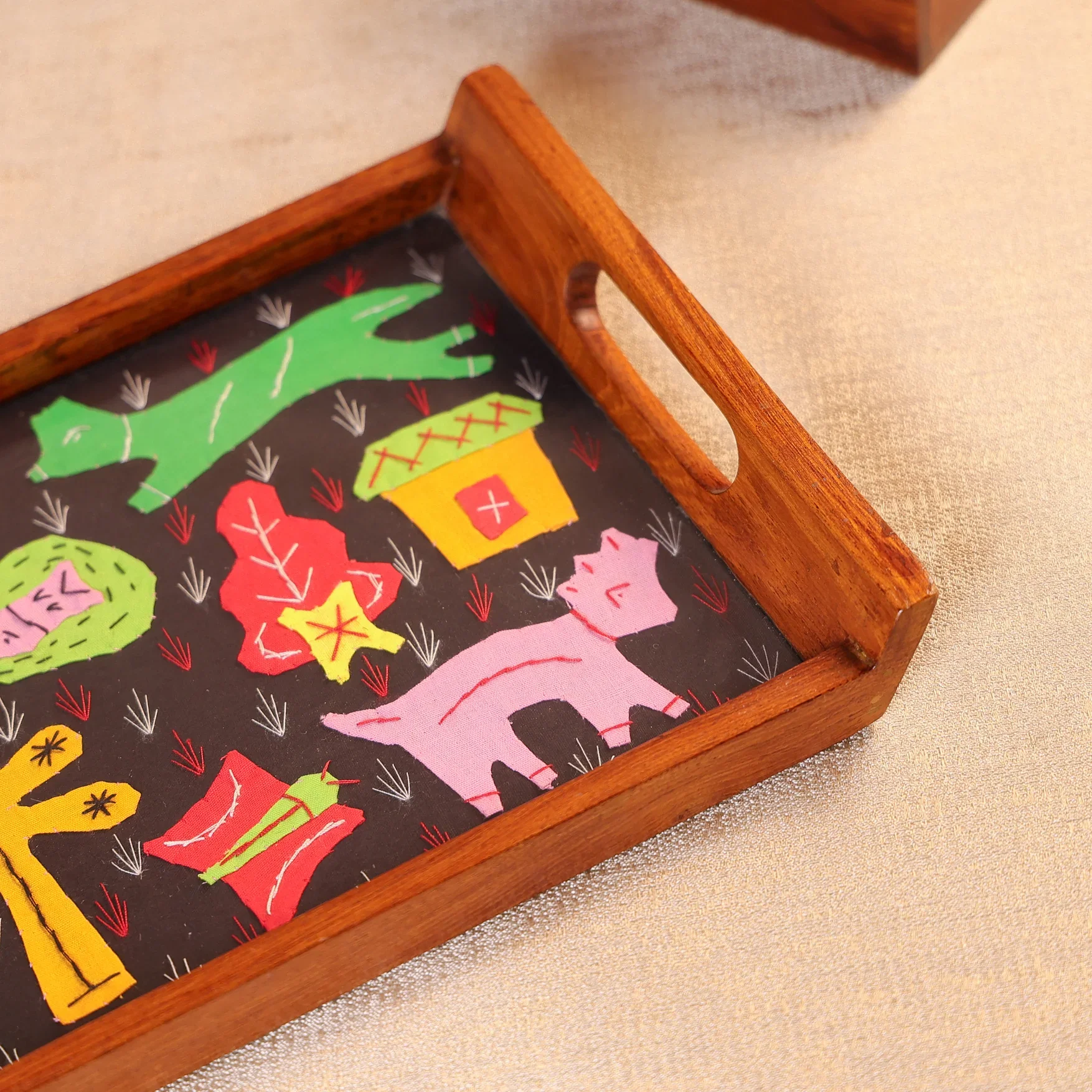 Teak Wood & Glass Framed Tribal Aplique Craft Serving Tray - Image 4