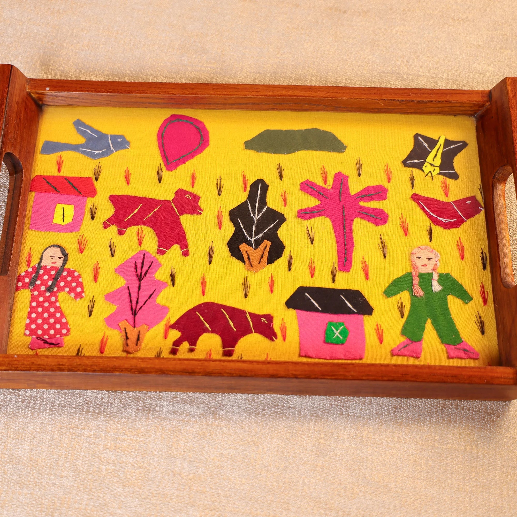 Teak Wood & Glass Framed Tribal Aplique Craft Serving Tray - Yellow - Image 3