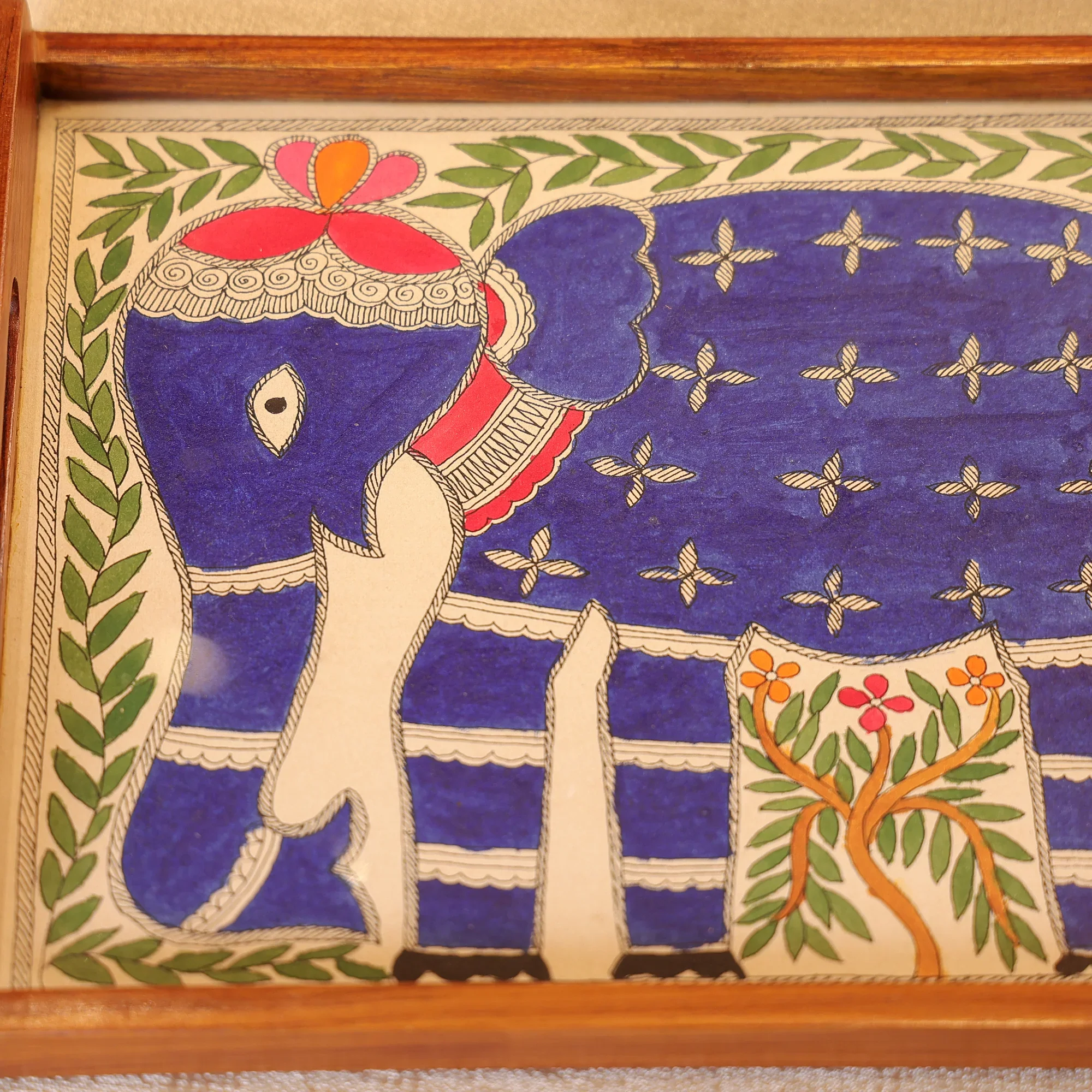 Teak Wood & Glass Framed Tribal Mithila Art Of Elephant Serving Tray - Image 3