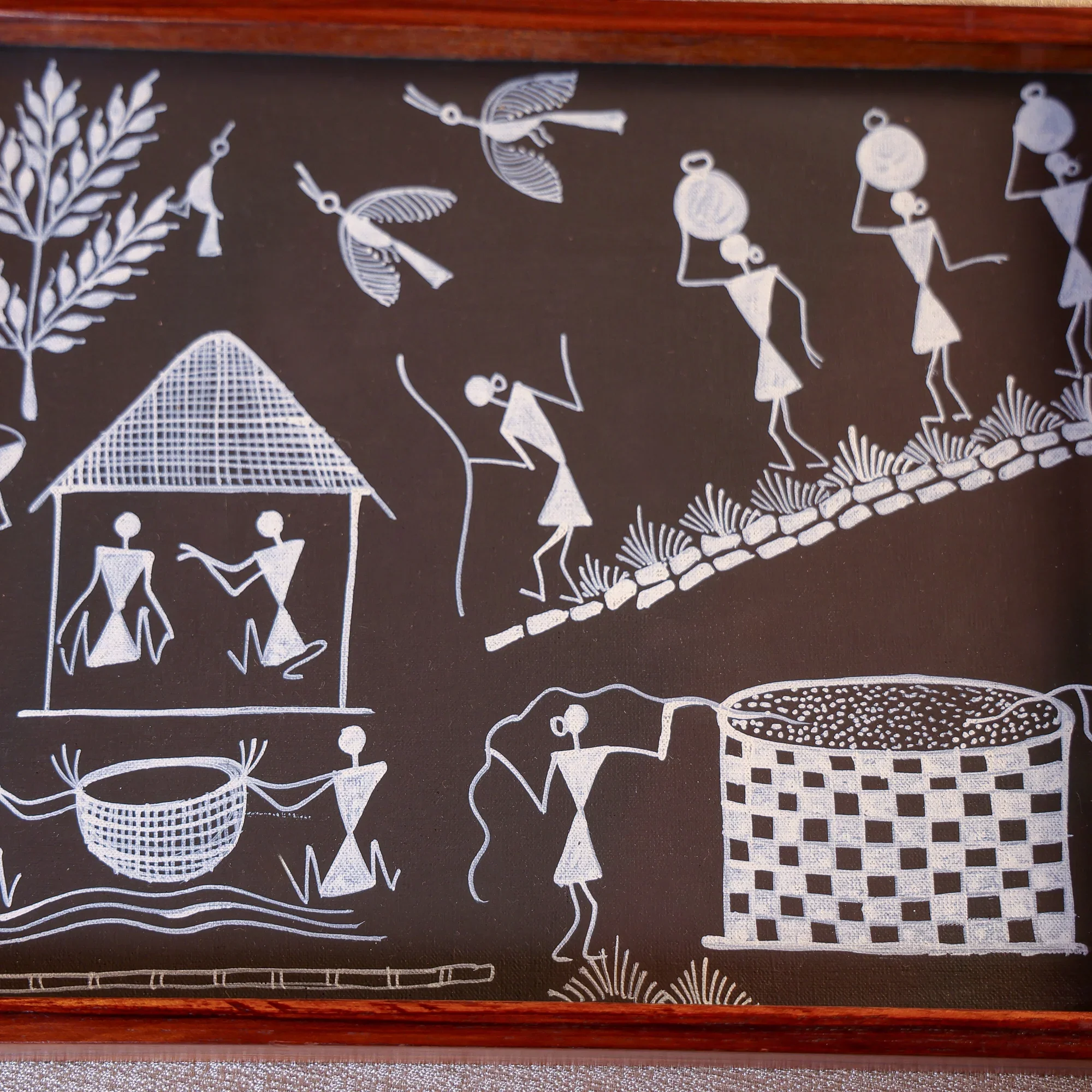 Teak Wood & Glass Framed Tribal Warli Art Serving Tray - Image 3