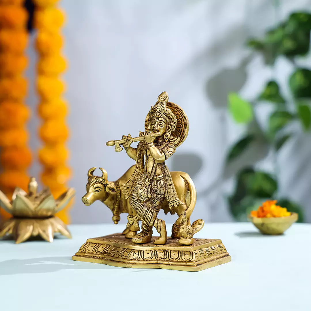 The Brass Lord Krishna With Cow And Peacock Statue - Image 2