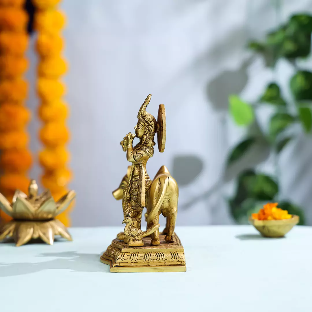The Brass Lord Krishna With Cow And Peacock Statue - Image 3