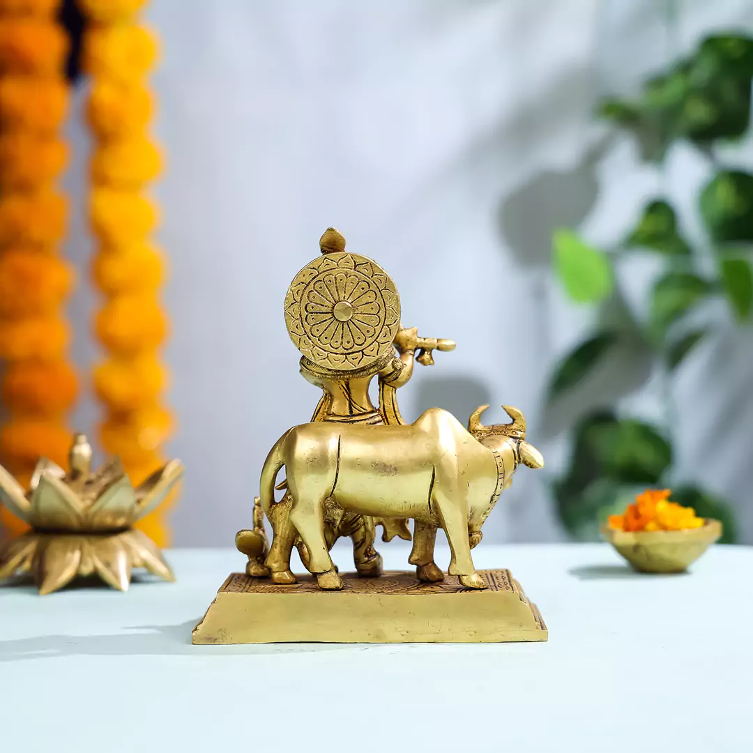 The Brass Lord Krishna With Cow And Peacock Statue - Image 4