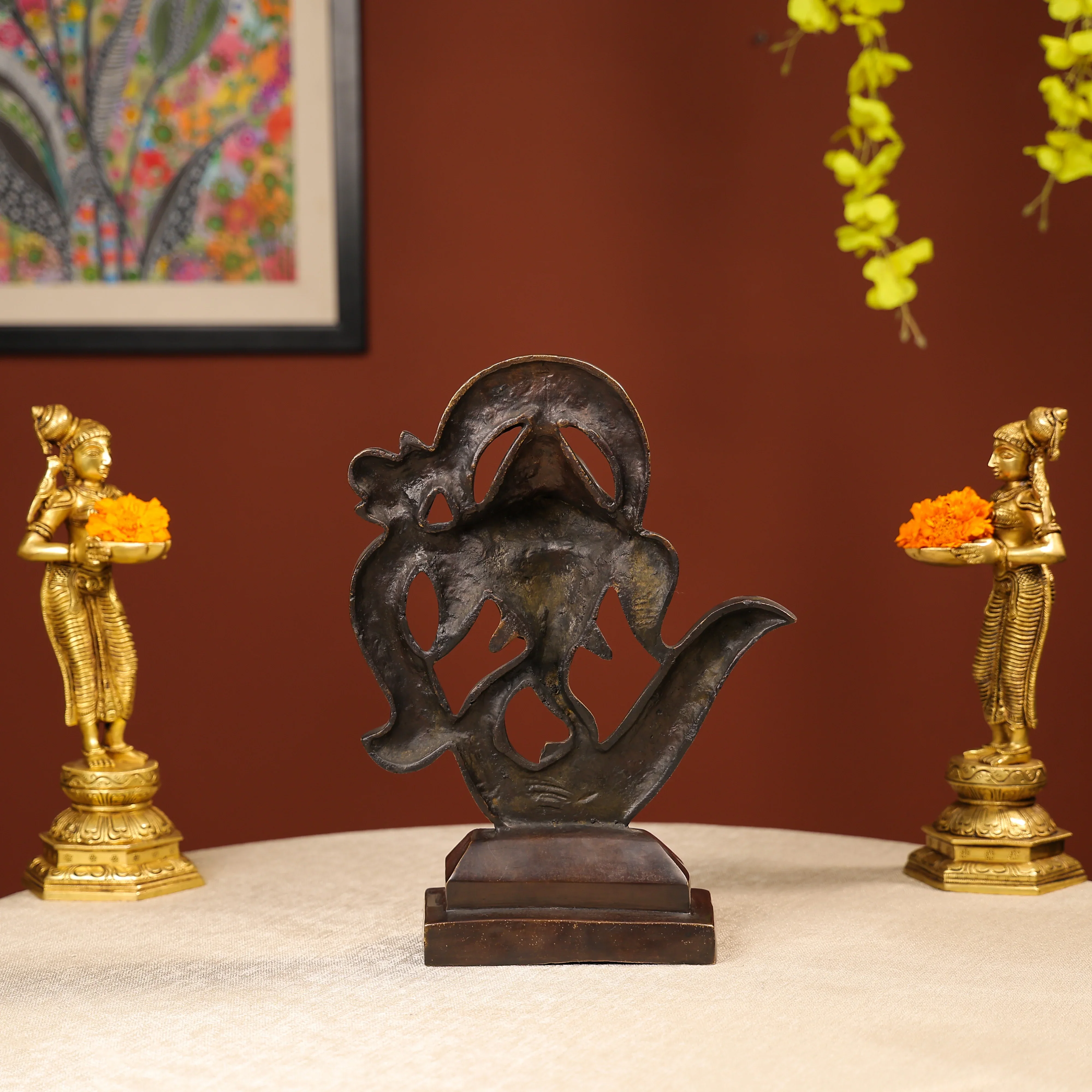 Two-Toned Brass Ganesh Head With Symbolic Swastika - Image 3