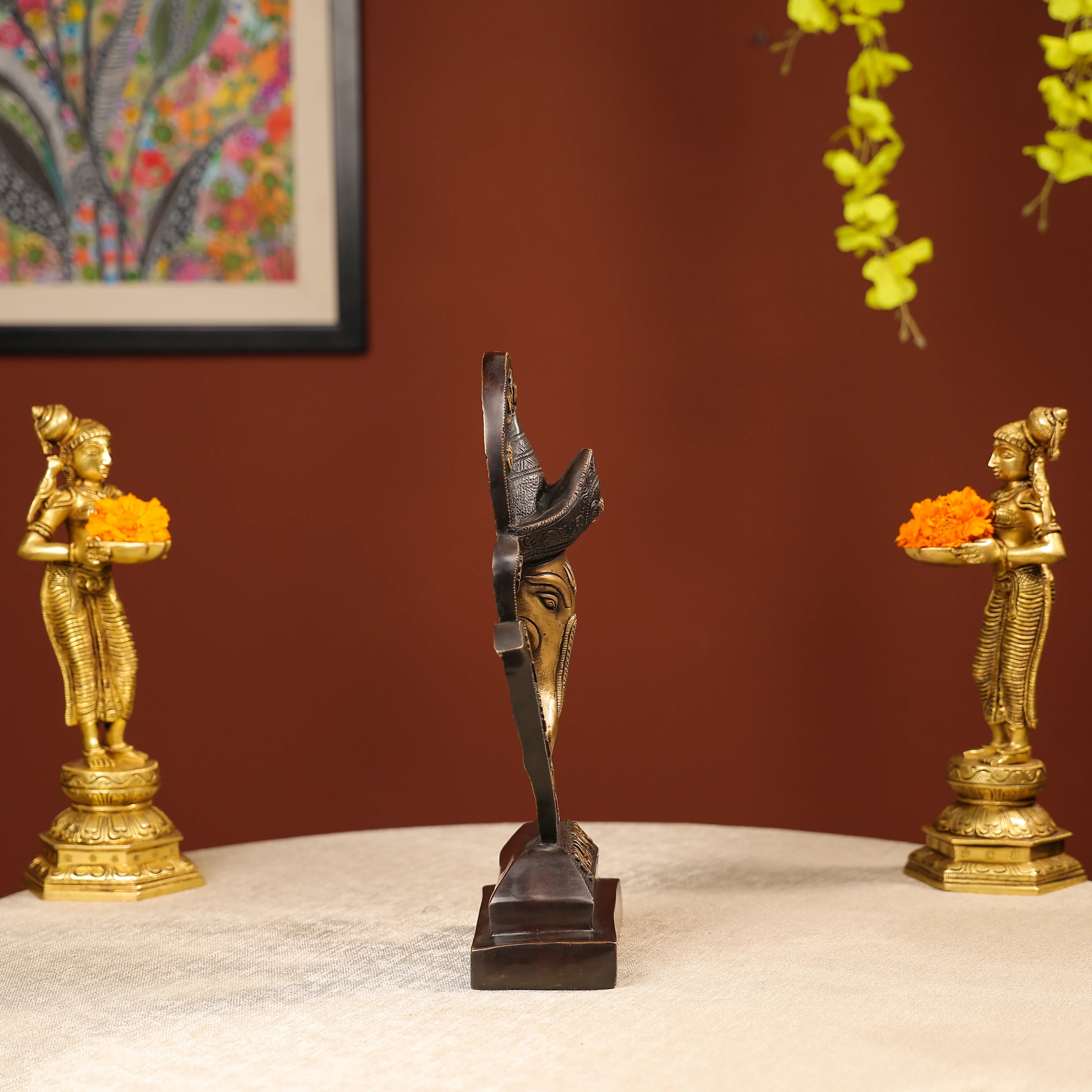Two-Toned Brass Ganesh Head With Symbolic Swastika - Image 5