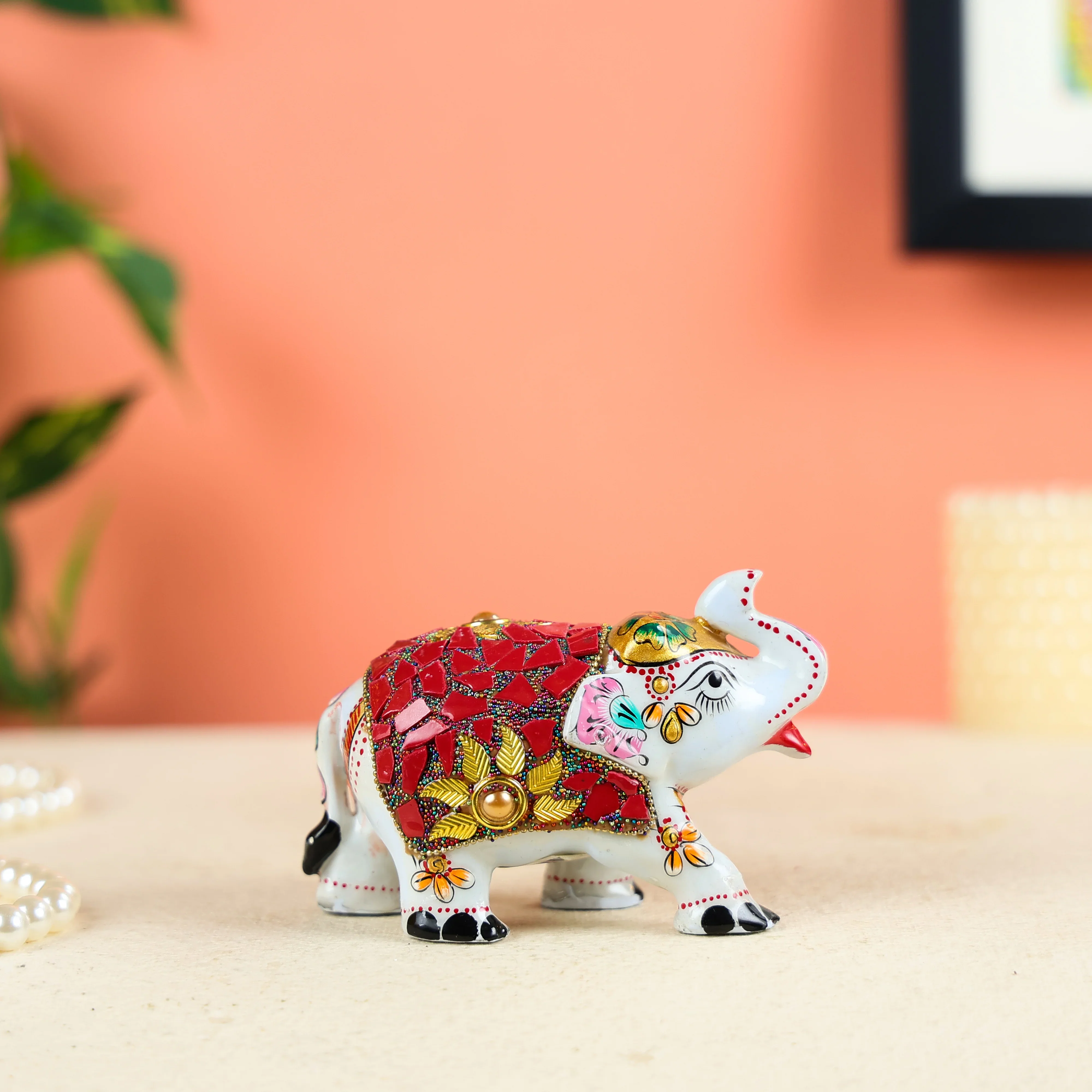 White Meenakari Worked Elephant Studded With Red Stone Pieces - Image 4