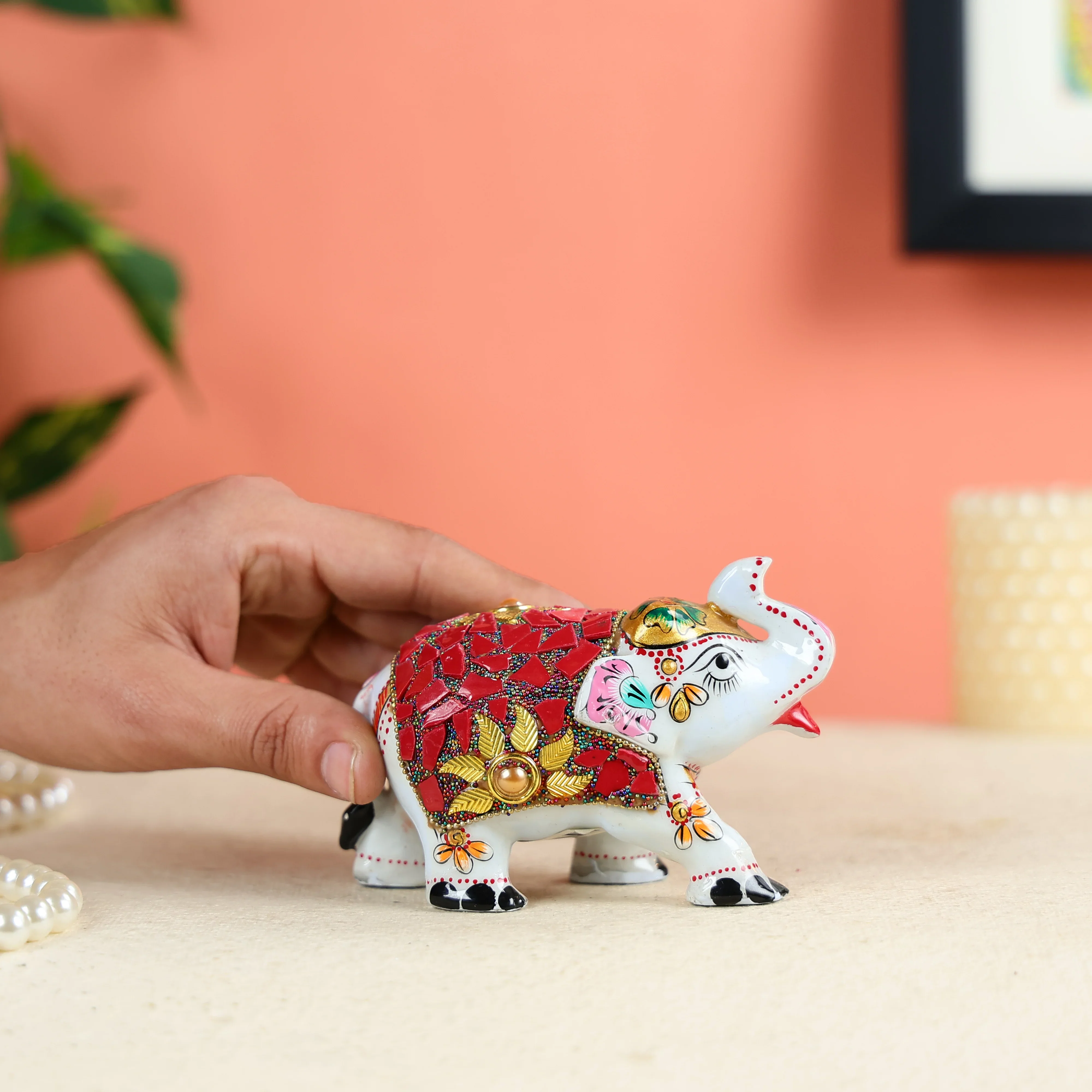White Meenakari Worked Elephant Studded With Red Stone Pieces - Image 6
