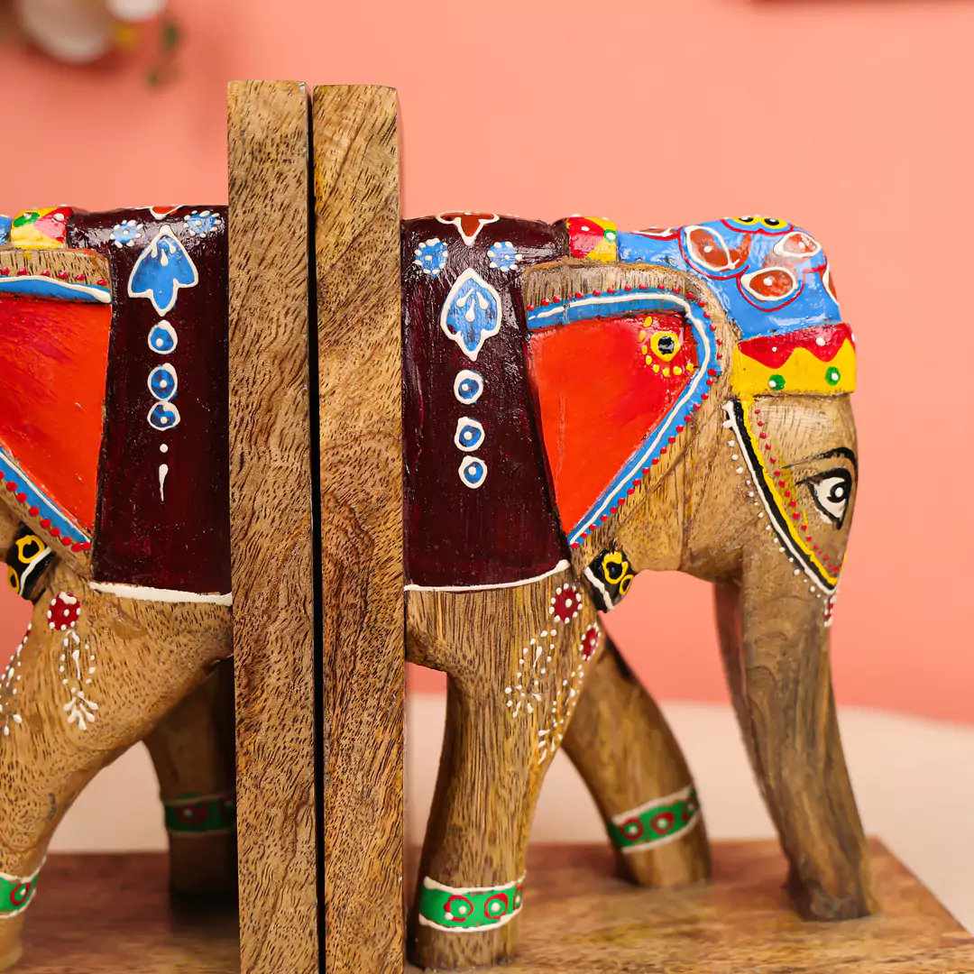 Handpainted Mango Wood Elephant Book Ends - Image 3