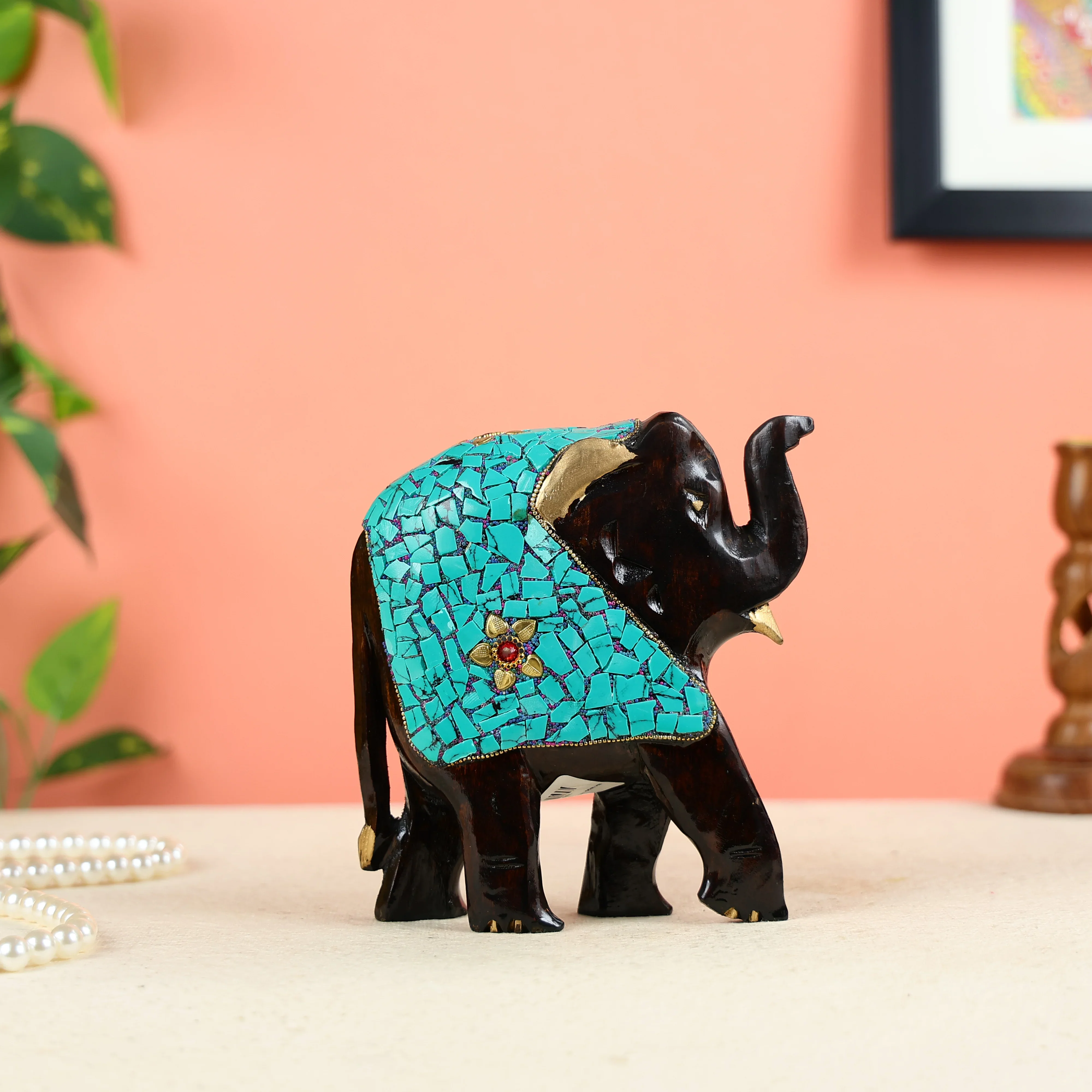 Wooden Elephant Statue With Turquoise Stone Finish - Image 2