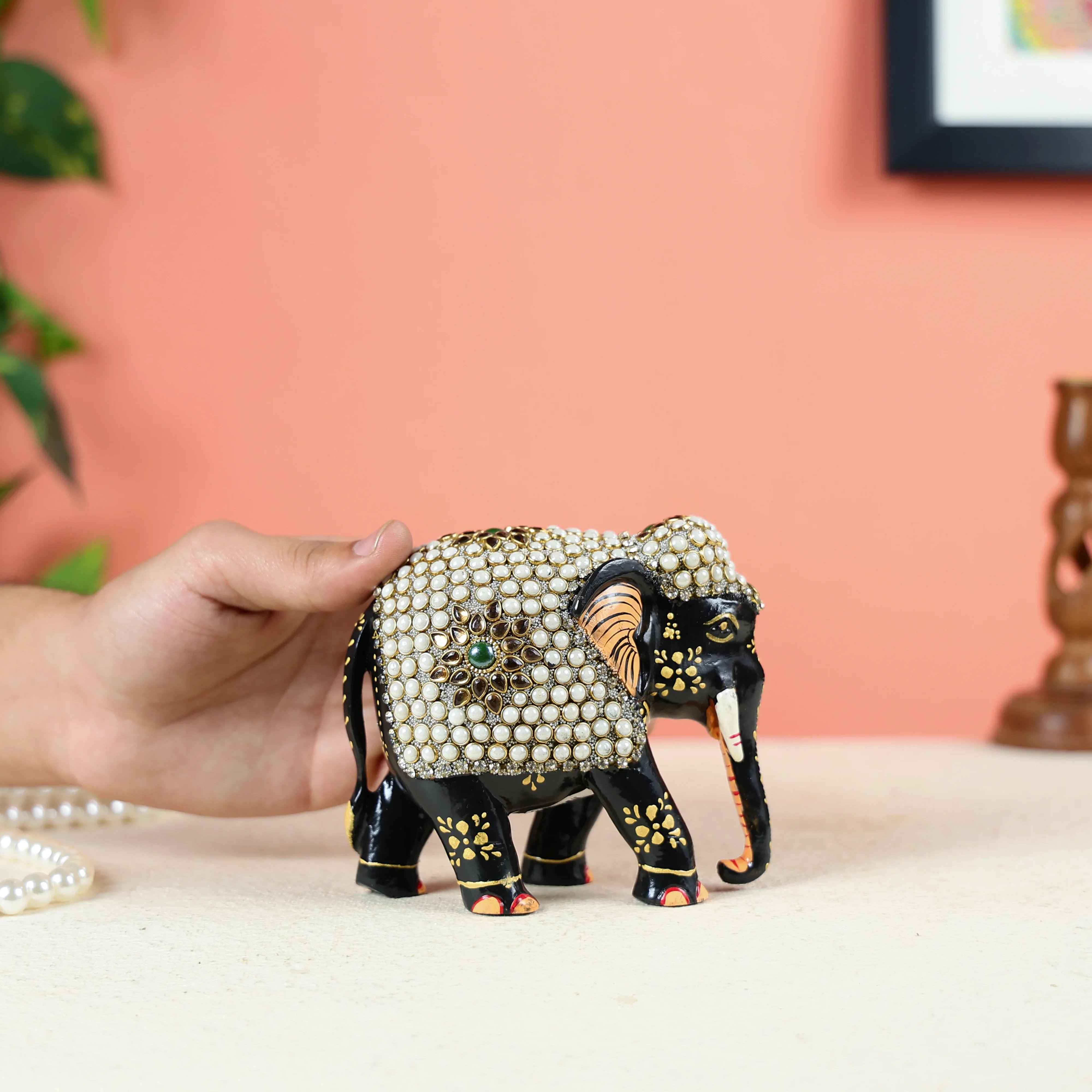 Wooden Elephant Studded With Jewelry Stones - Image 6